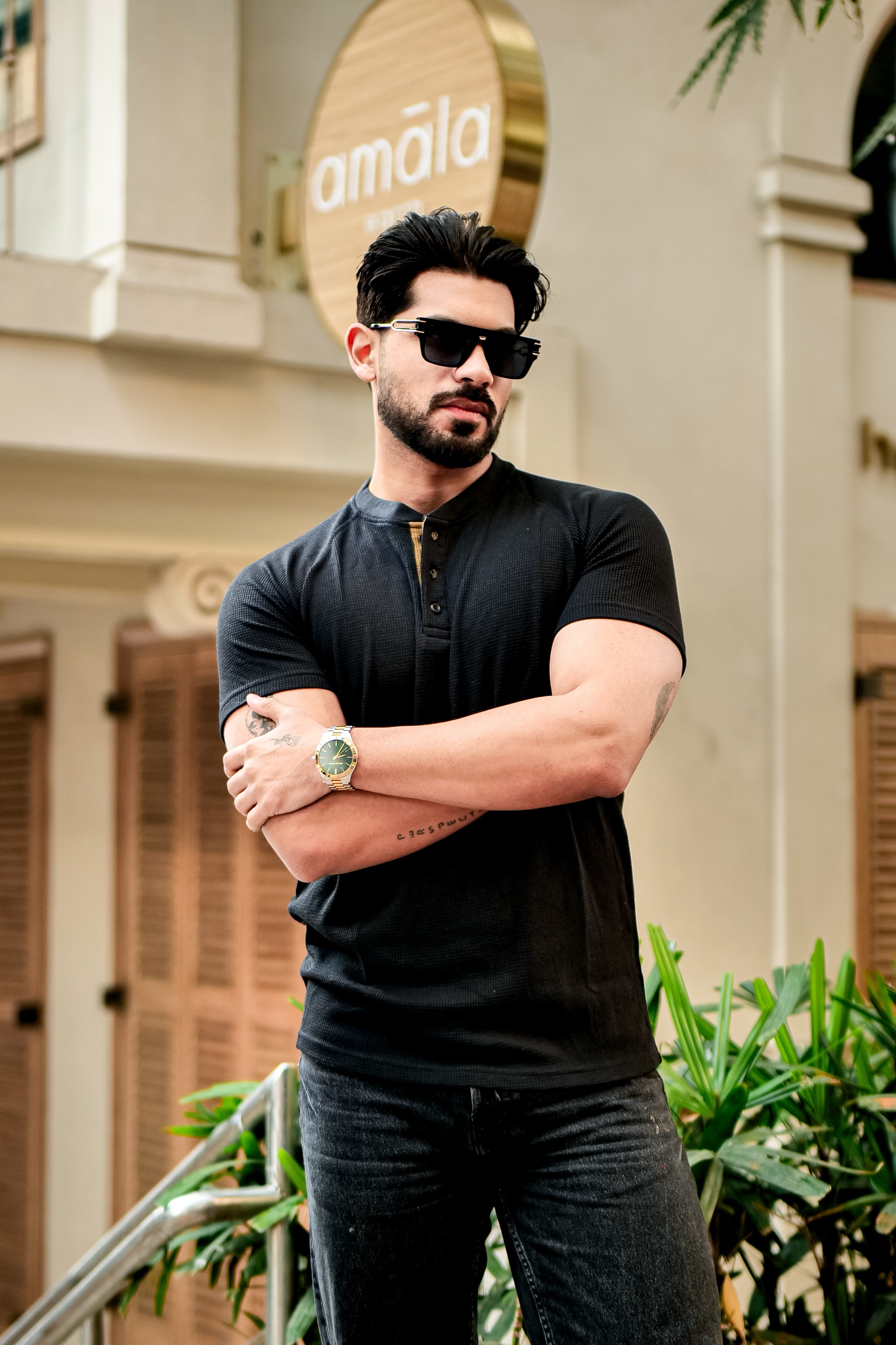 Black Contrast Placket Waffle Henley T-Shirt
