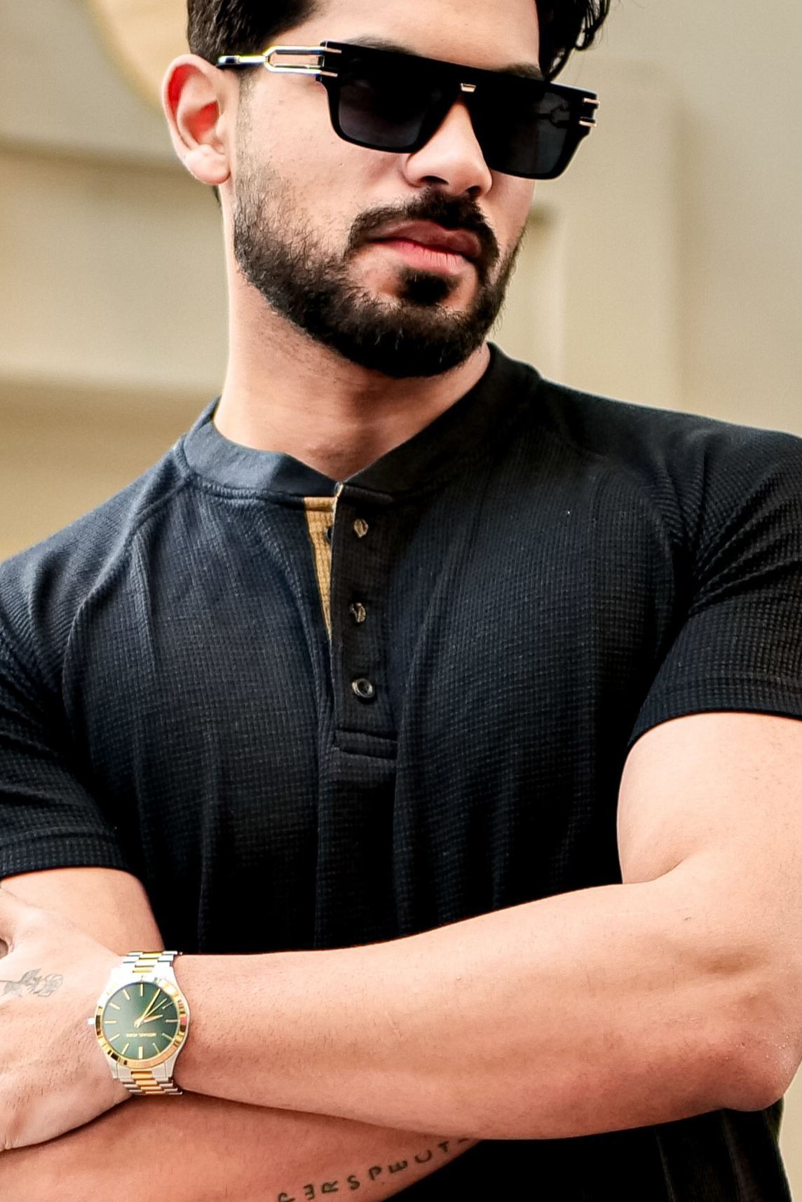 Black Contrast Placket Waffle Henley T-Shirt