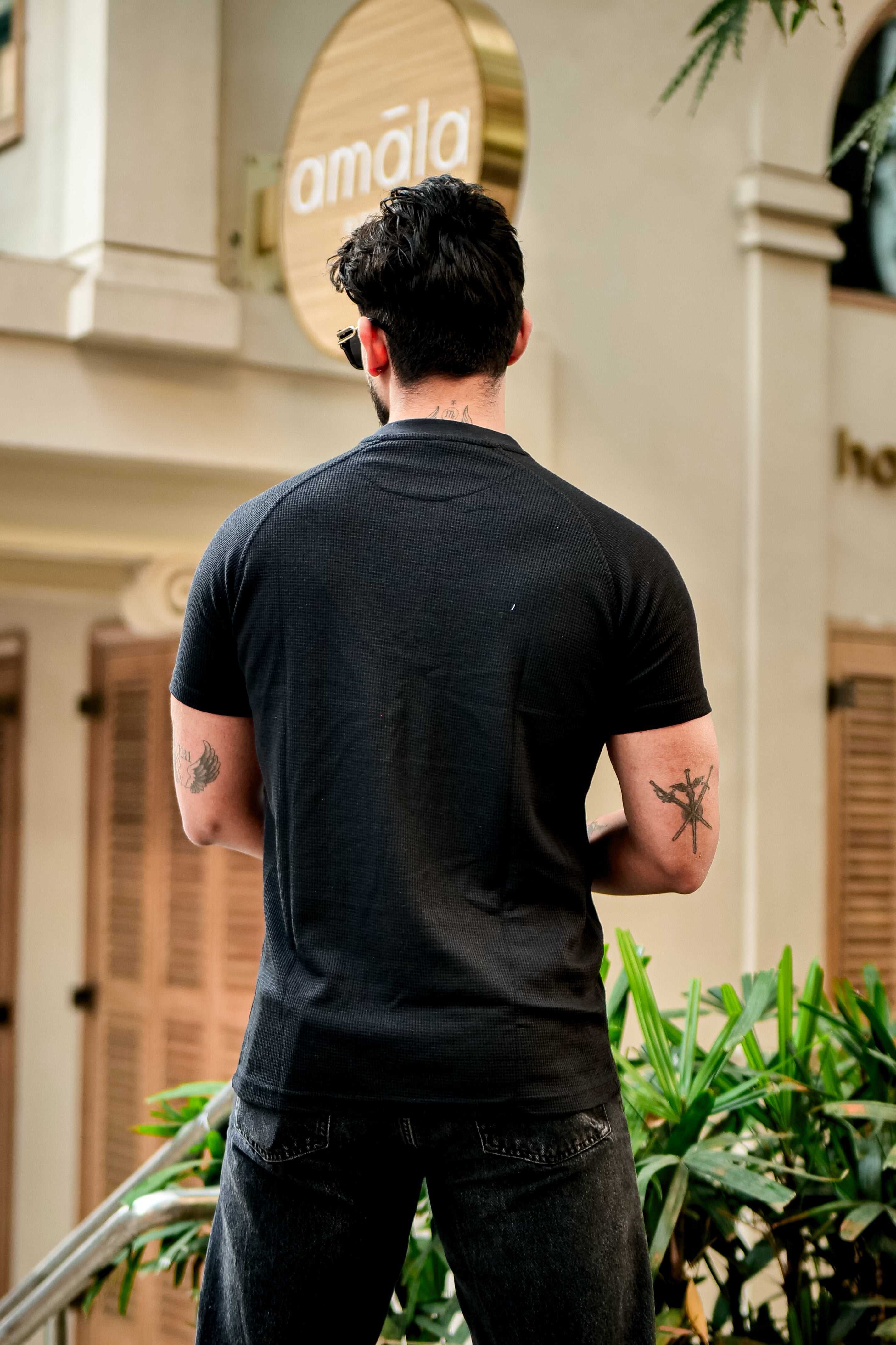 Black Contrast Placket Waffle Henley T-Shirt