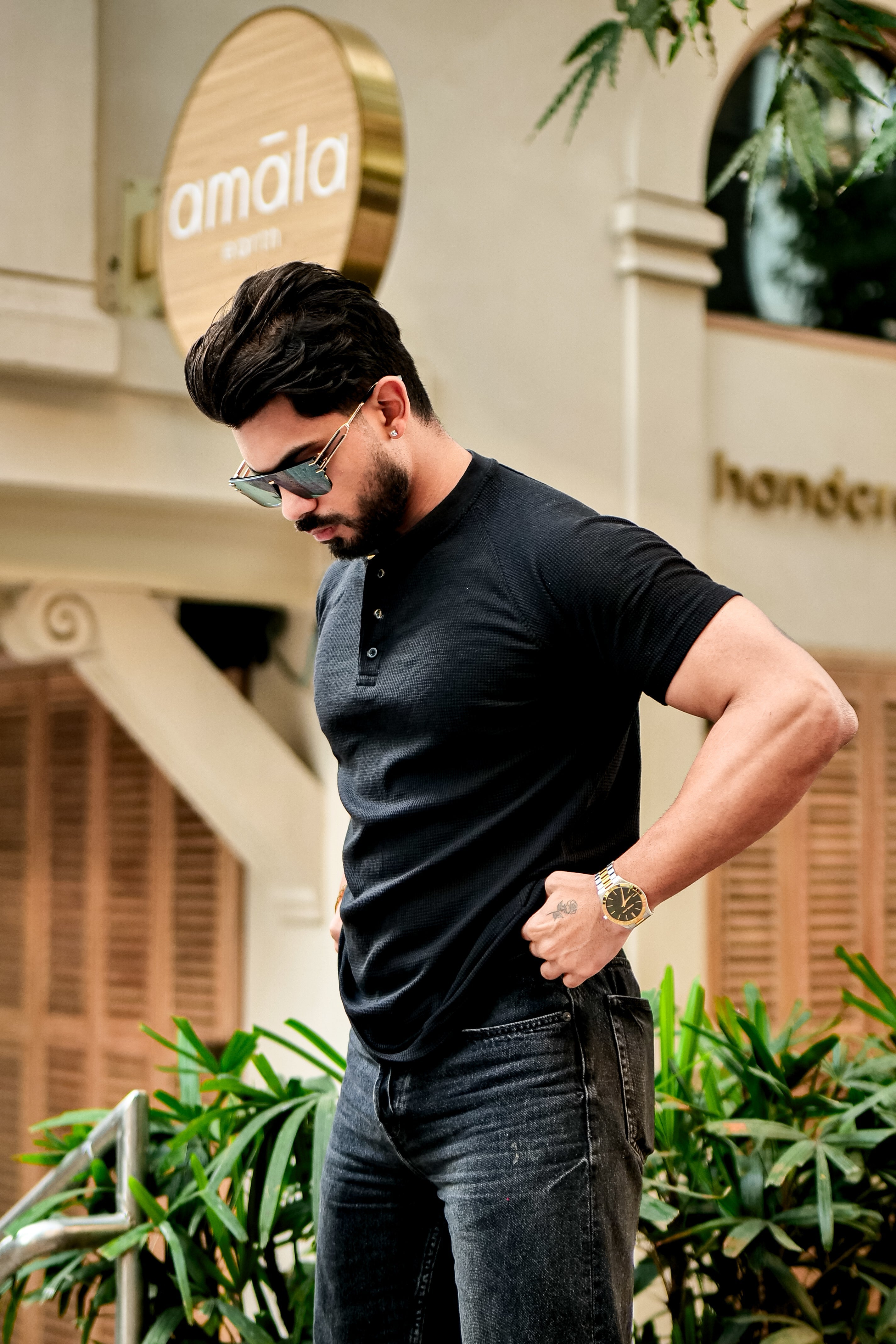 Black Contrast Placket Waffle Henley T-Shirt