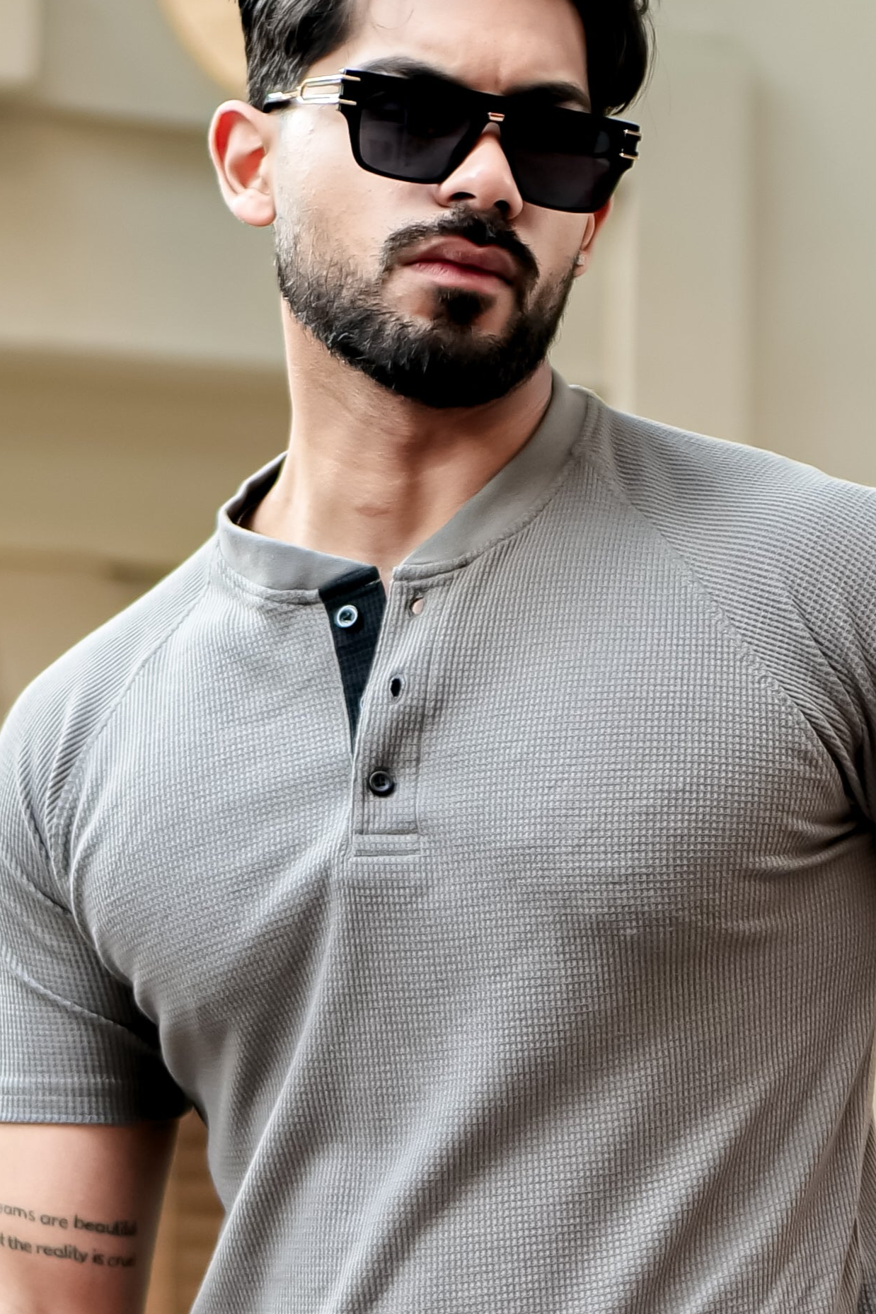 Dark Grey Contrast Placket Waffle Henley T-Shirt