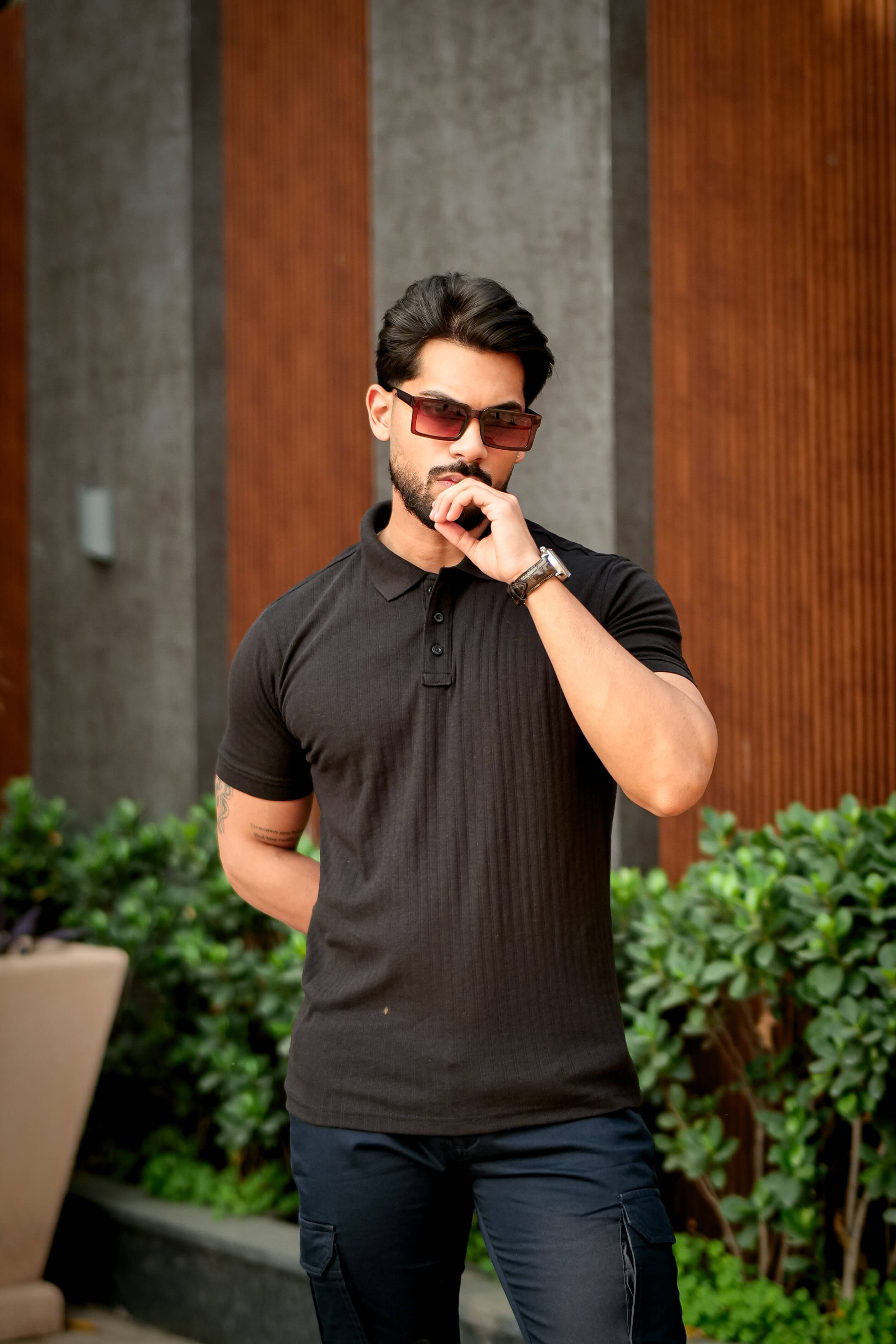 Black Cotton (Drop Needle) Self Design Polo T-Shirt