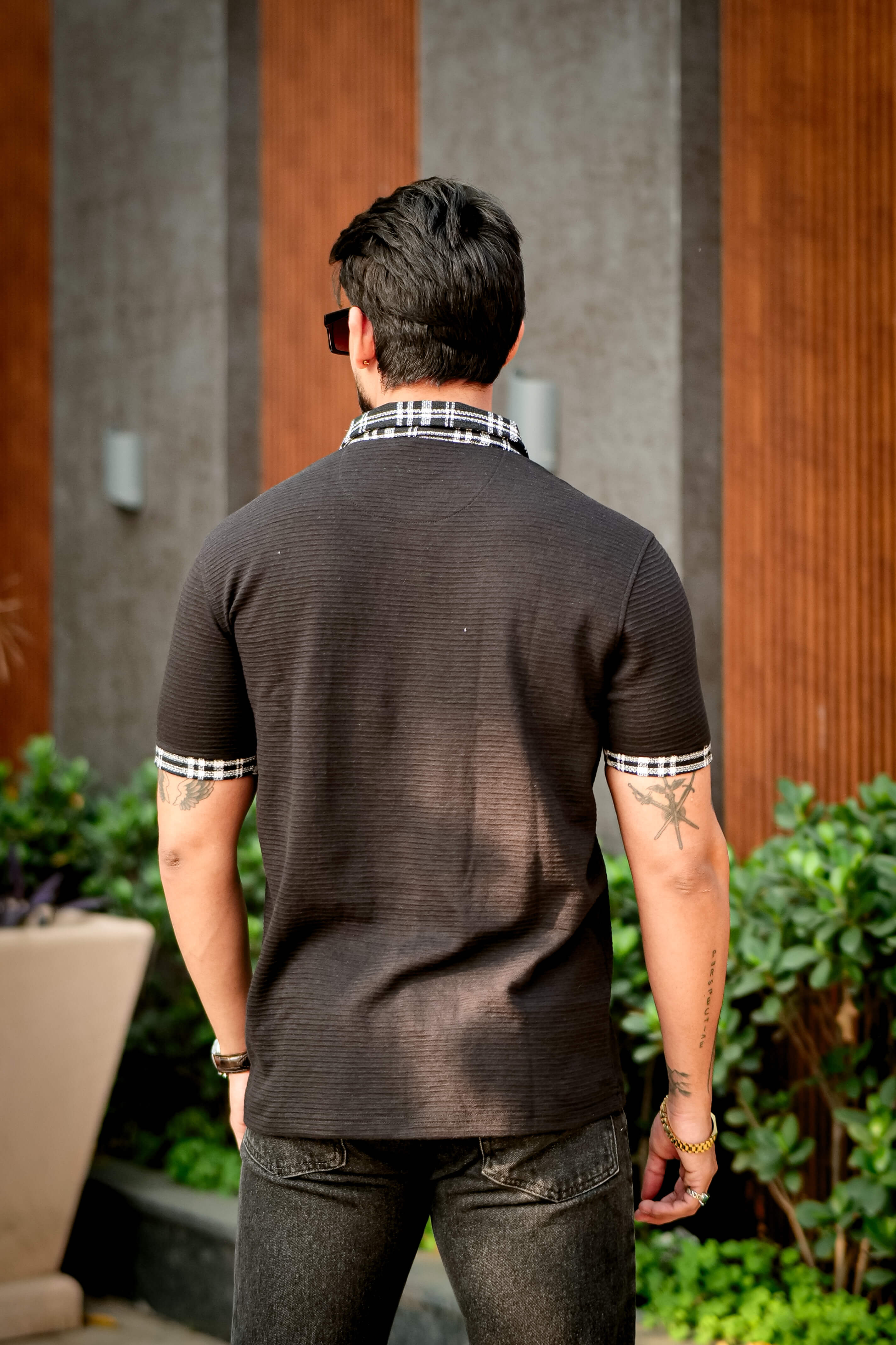 Black Check Cotton Polo Collar T-Shirt