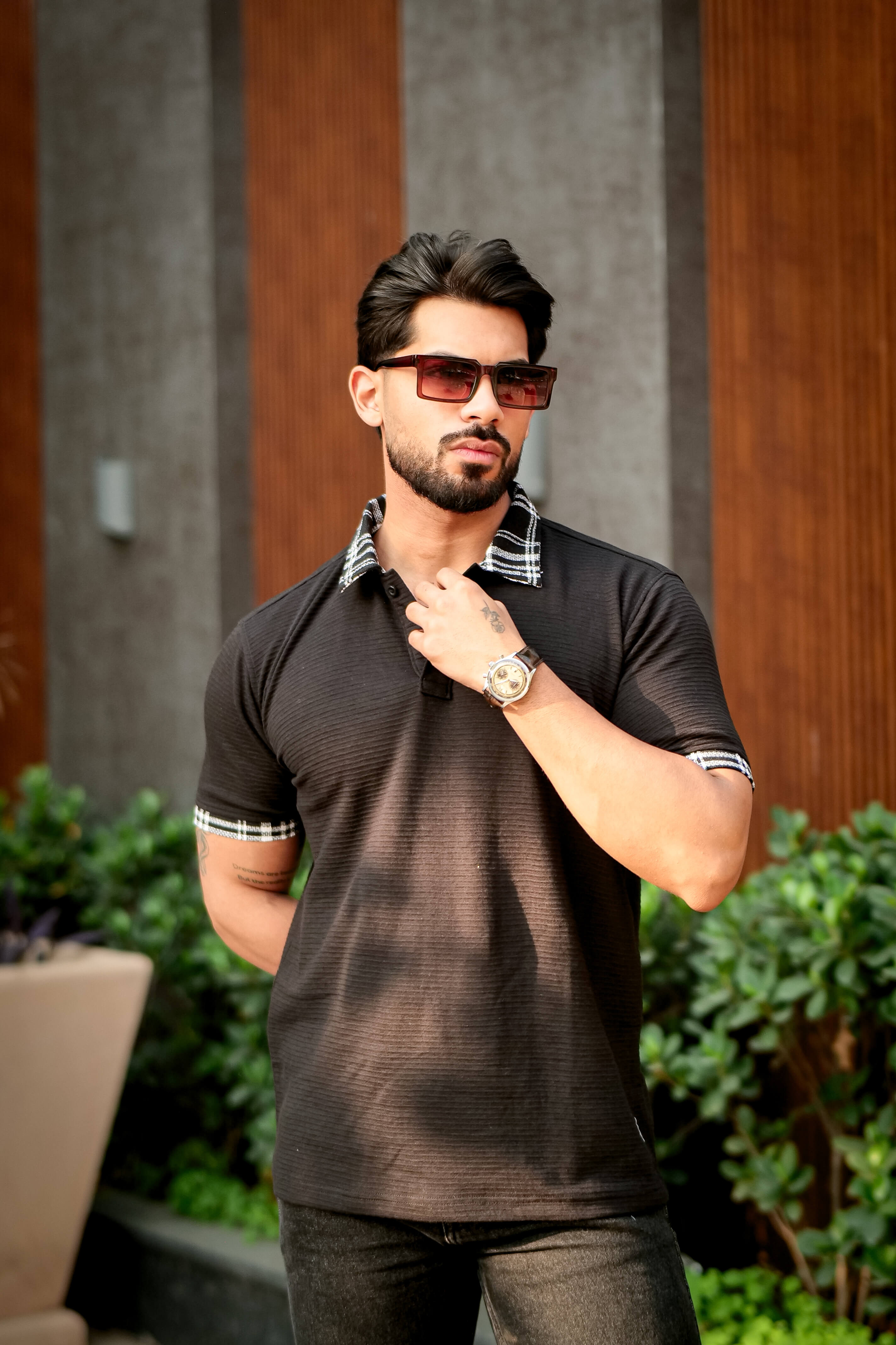 Black Check Cotton Polo Collar T-Shirt