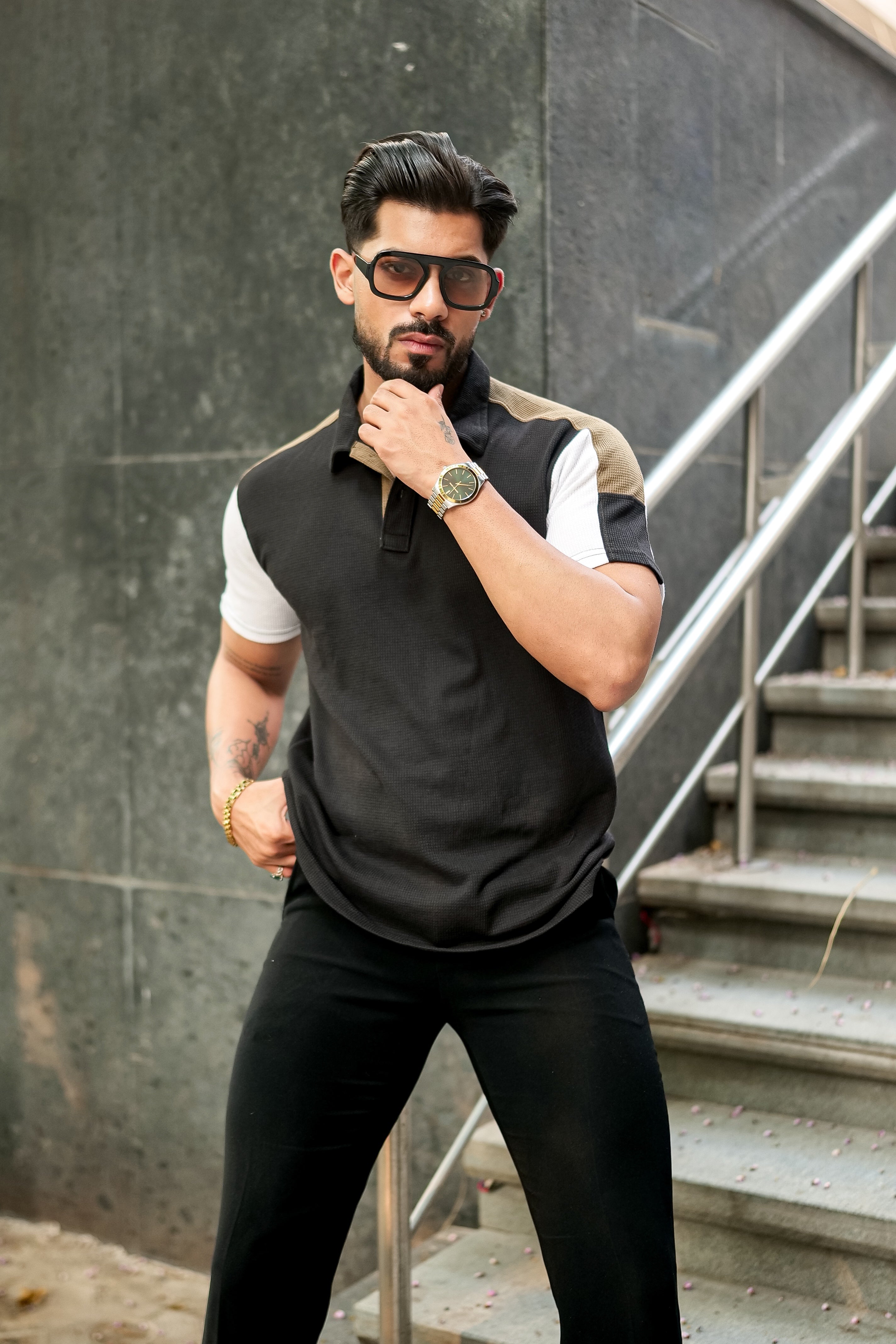 Black Waffle Colorblock Polo Collar T-Shirt