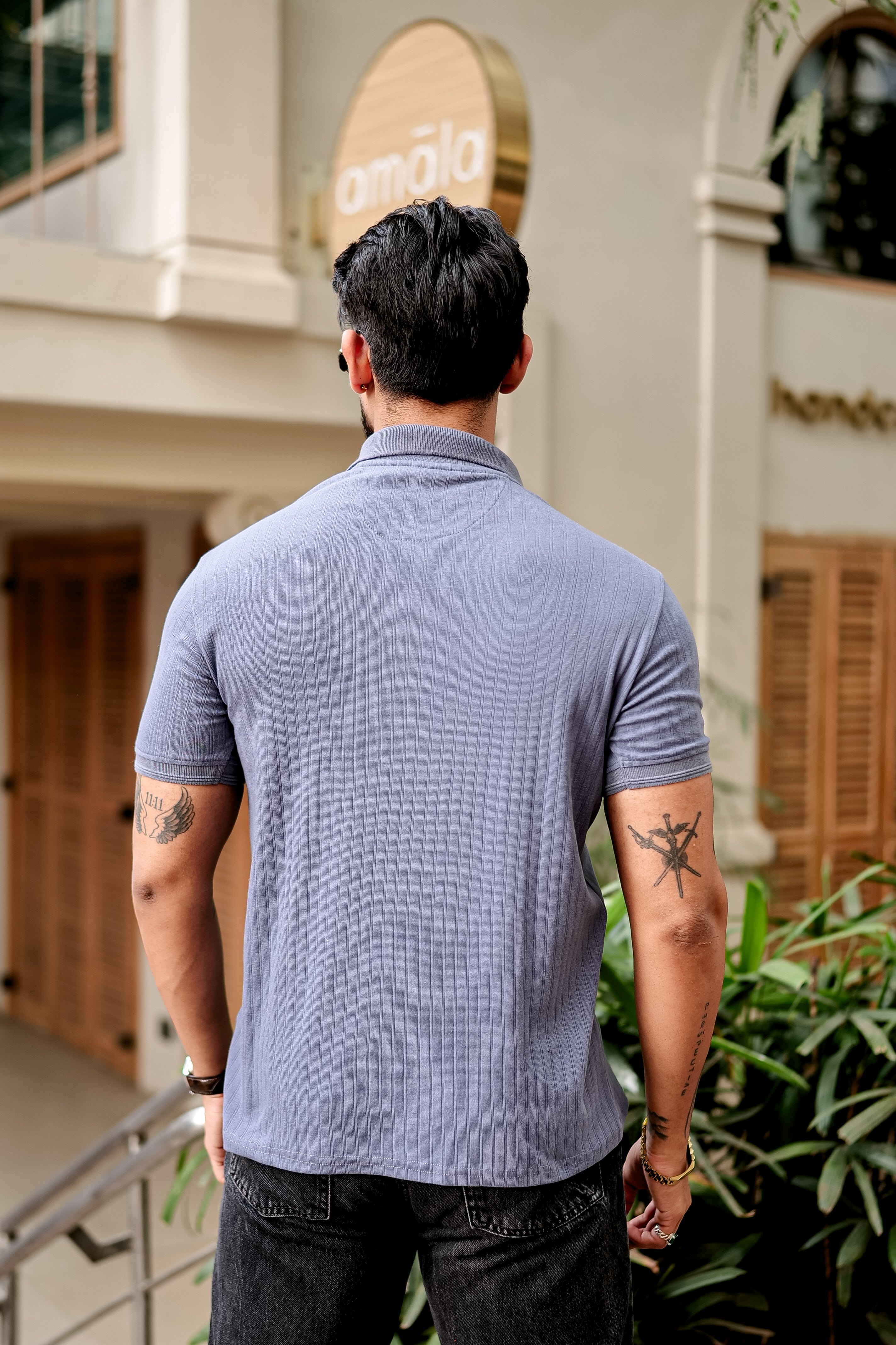 Blue Drop Needle Placket Polo Collar T-Shirt