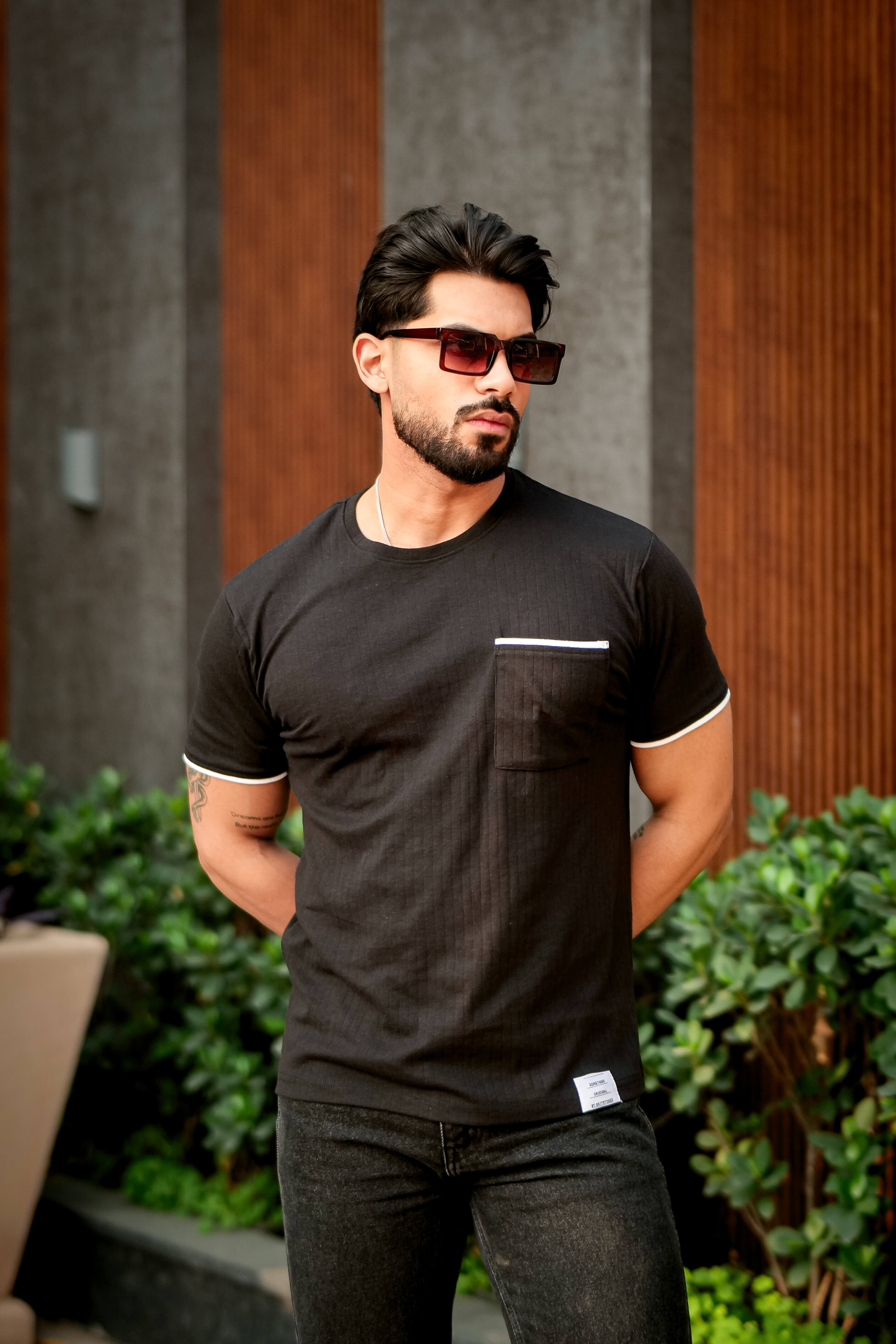 Black Self Design Pocket T-Shirt