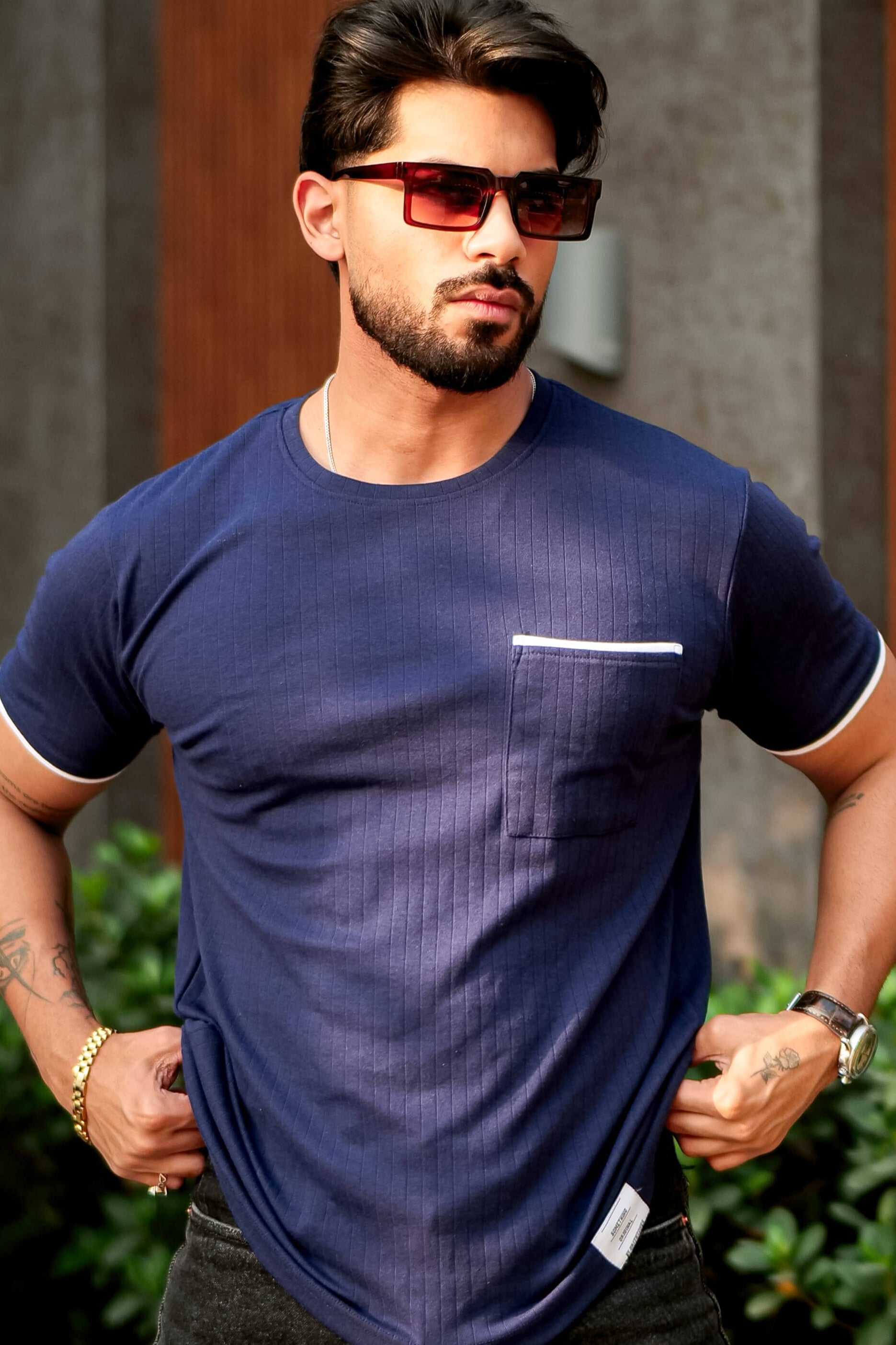 Navy Self Design Pocket T-Shirt