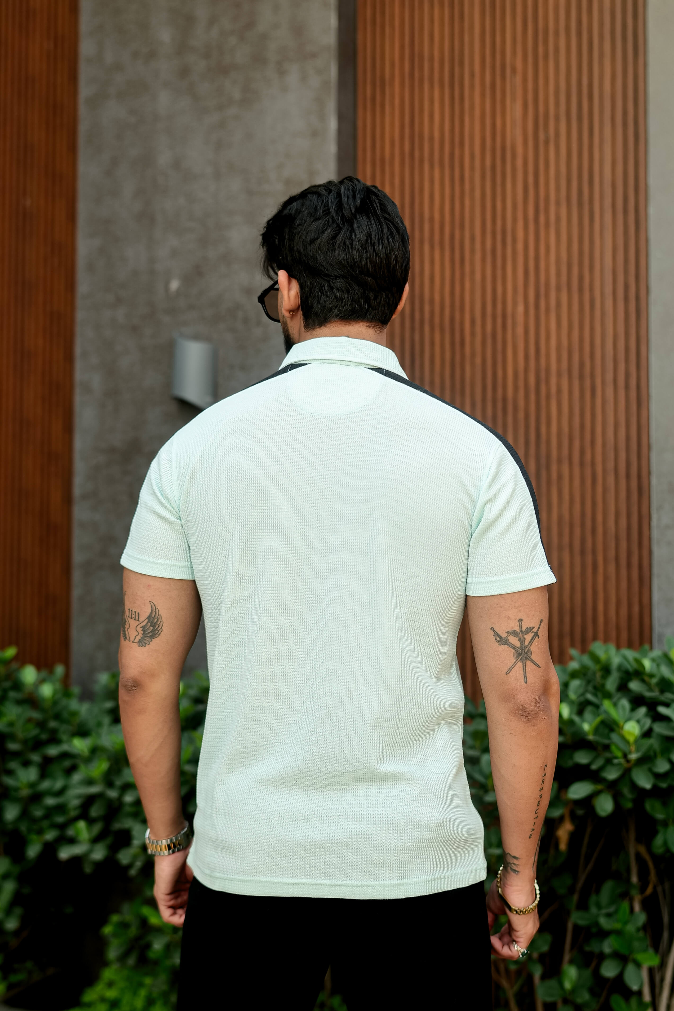 Sky Blue Waffle Zipper Polo Collar T-Shirt