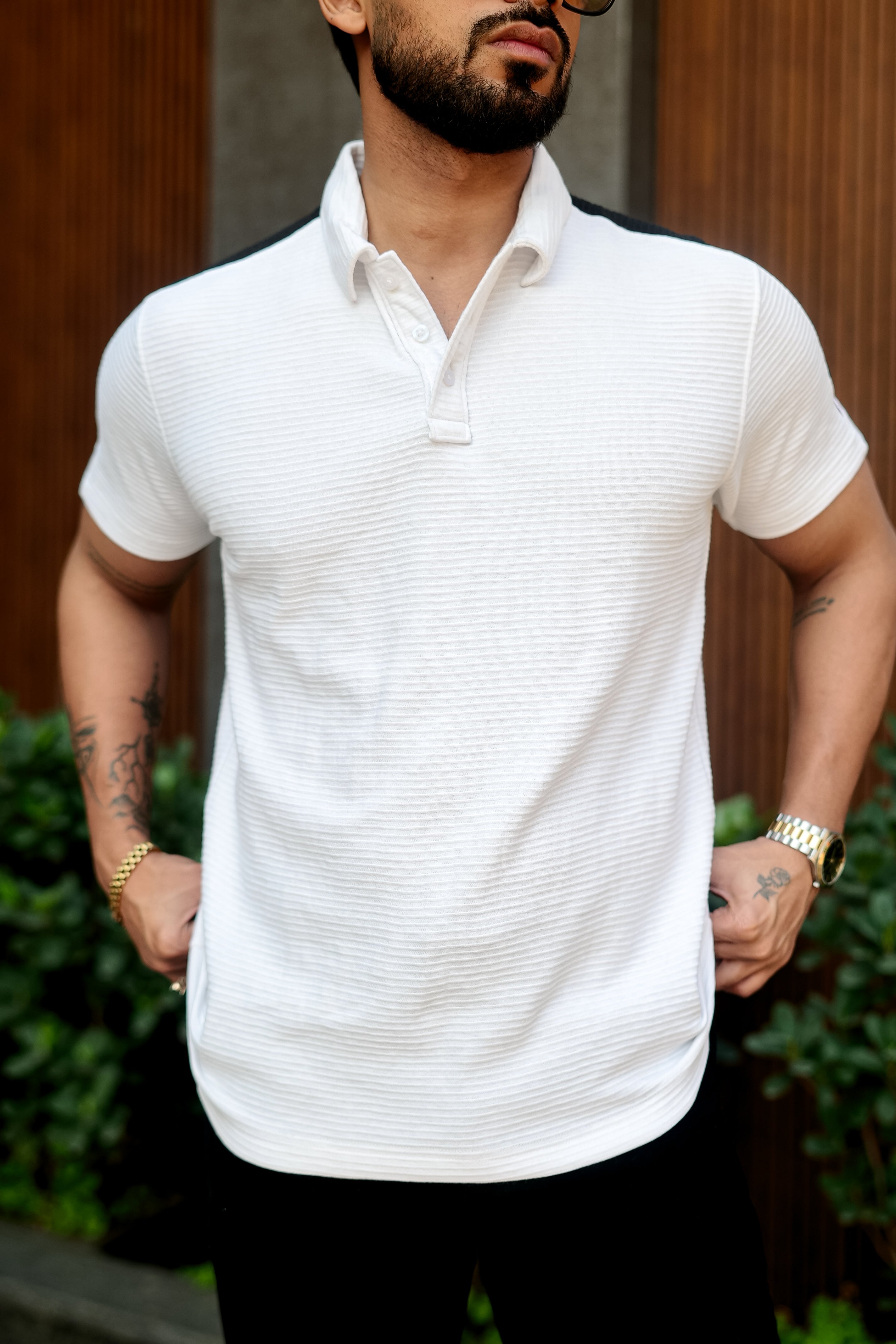 White Colorblock Self Design Polo Collar T-shirt
