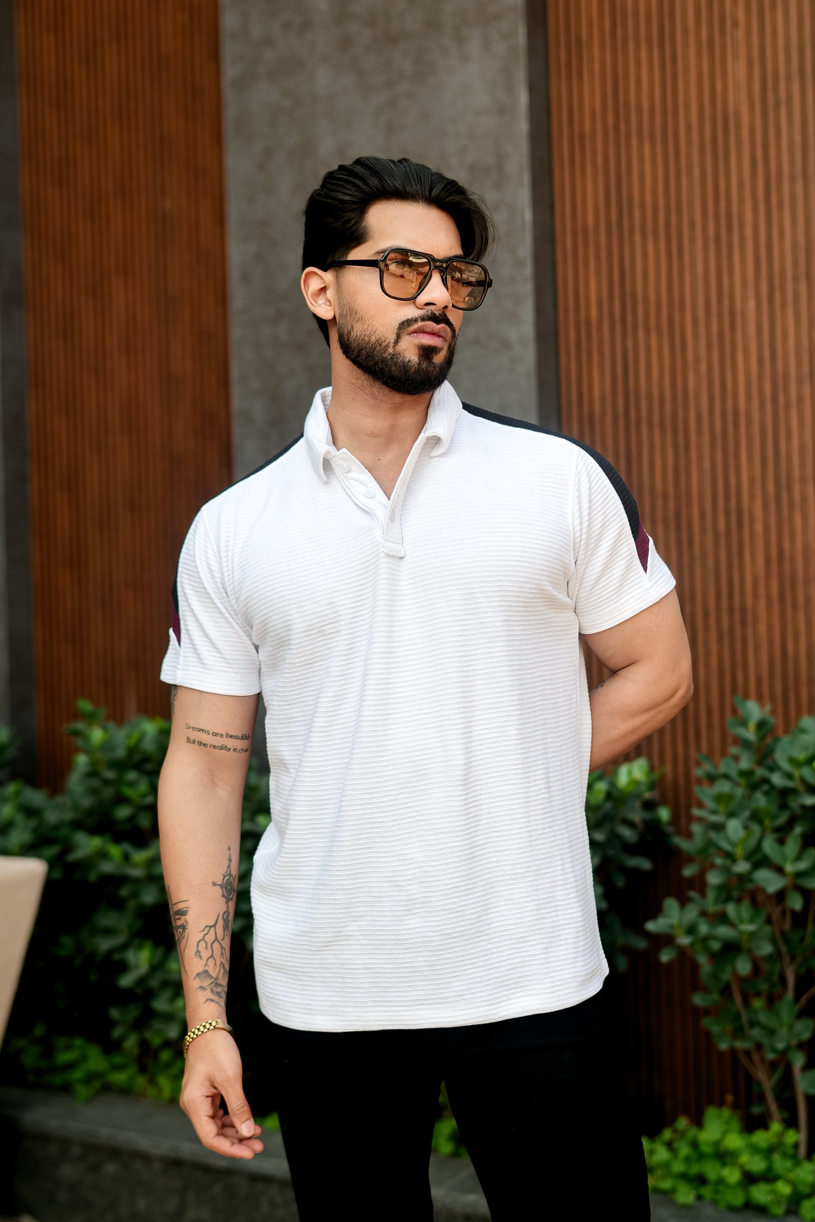 White Colorblock Self Design Polo Collar T-shirt