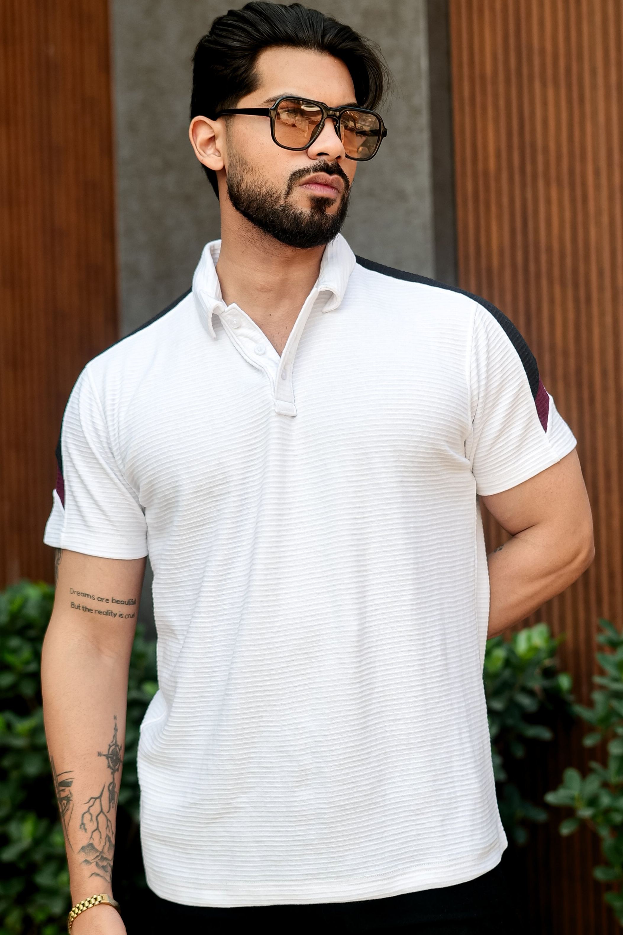 White Colorblock Self Design Polo Collar T-shirt