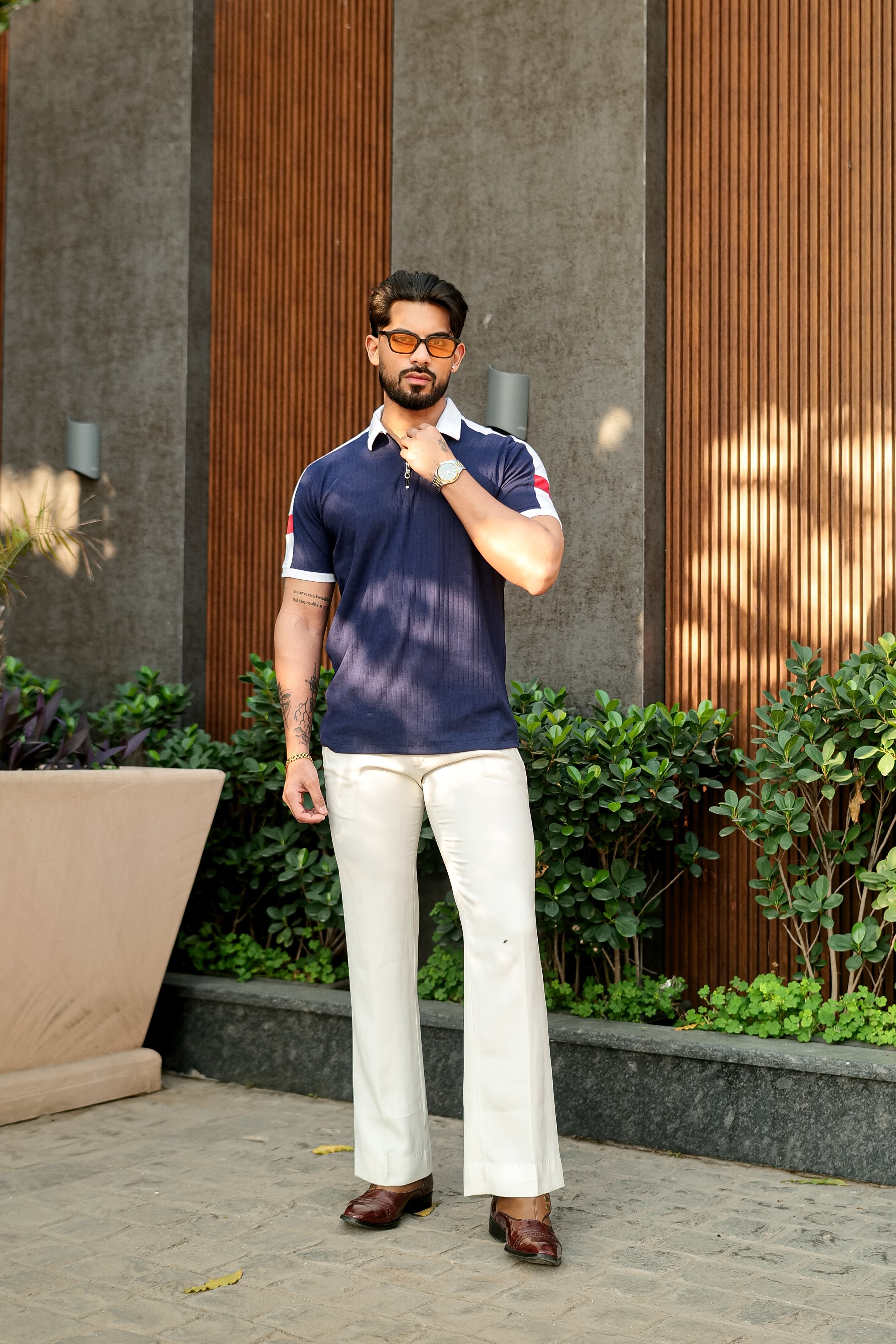 Navy Blue Cotton (Drop Needle) Zipper Polo Collar T-Shirt