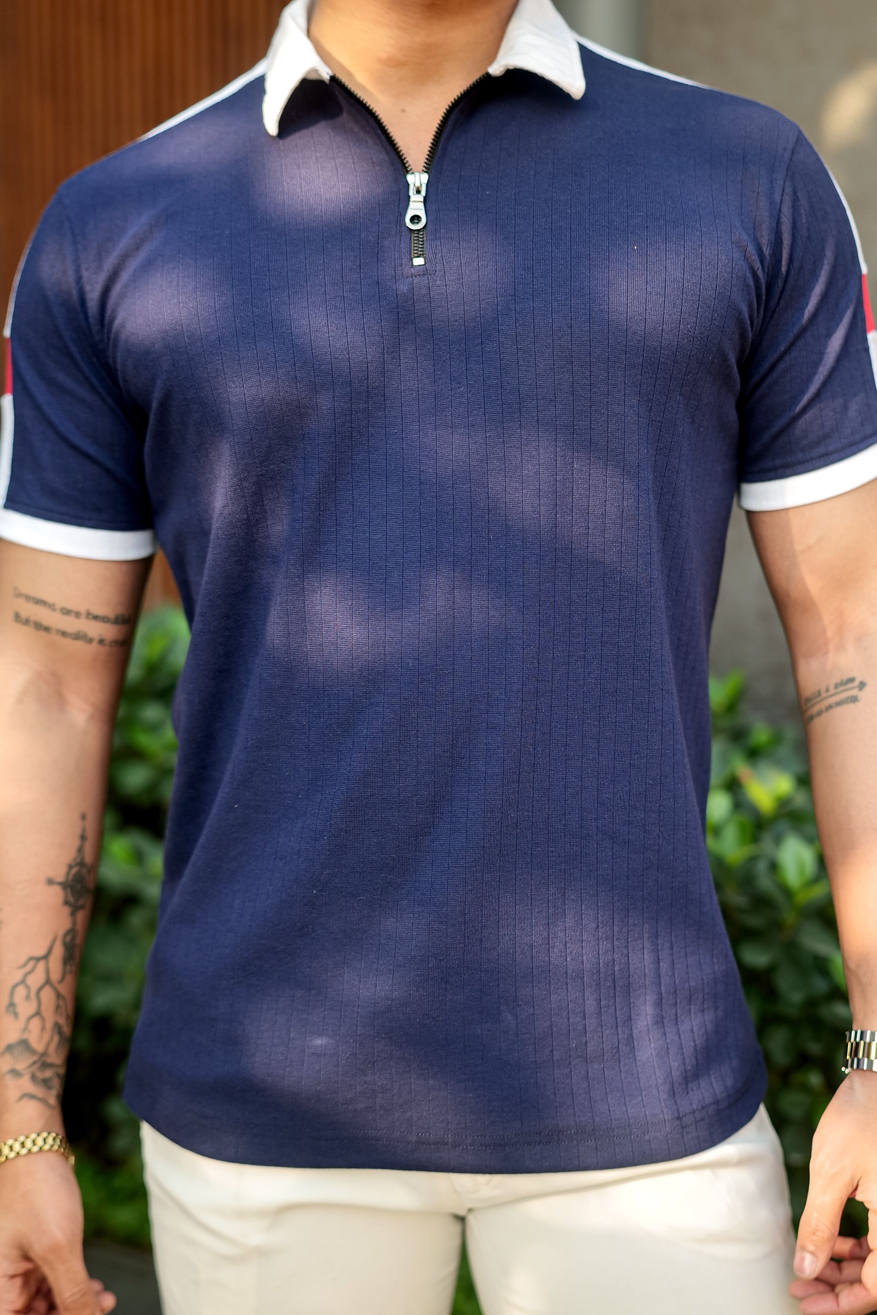 Navy Blue Cotton (Drop Needle) Zipper Polo Collar T-Shirt