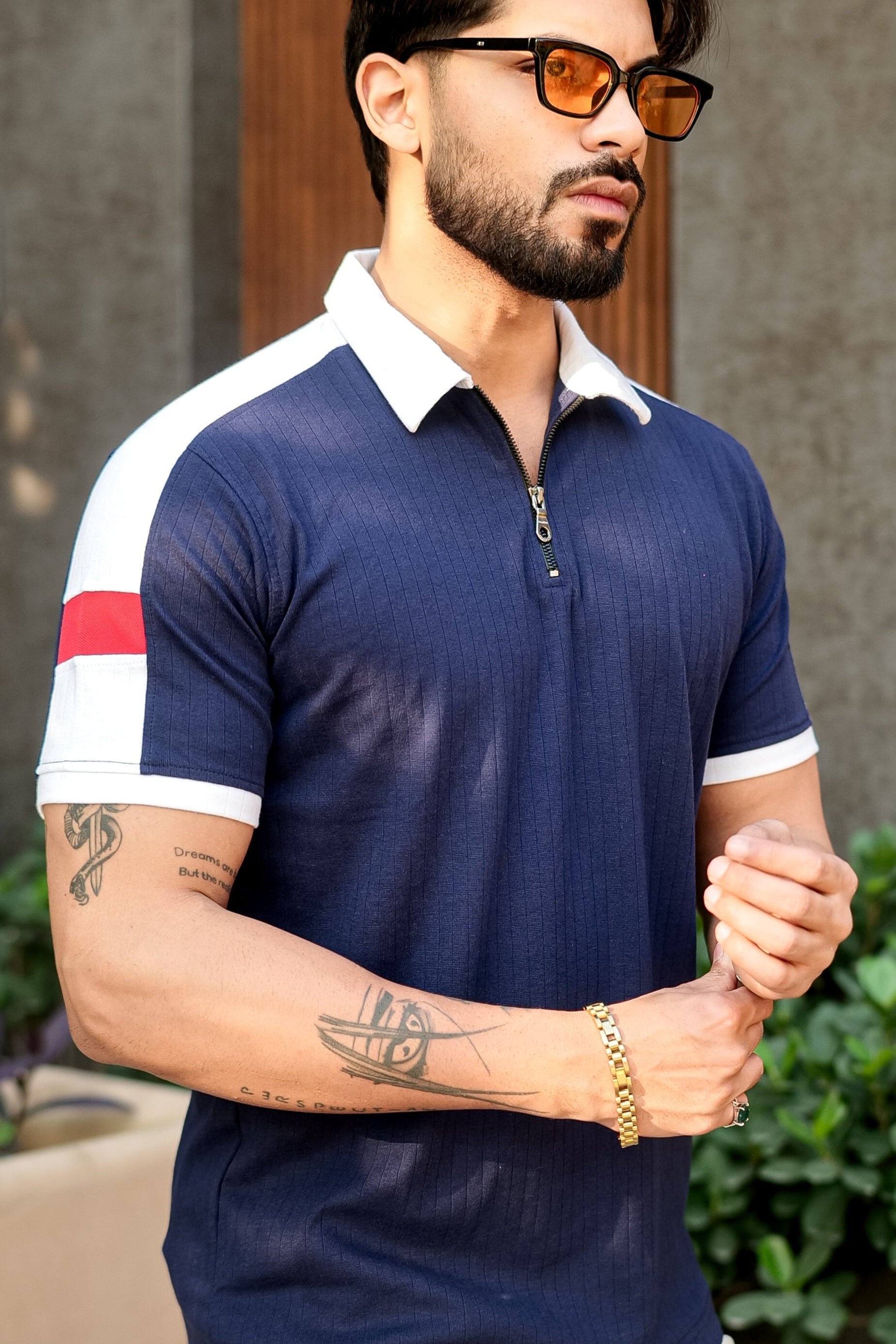 Navy Blue Cotton (Drop Needle) Zipper Polo Collar T-Shirt