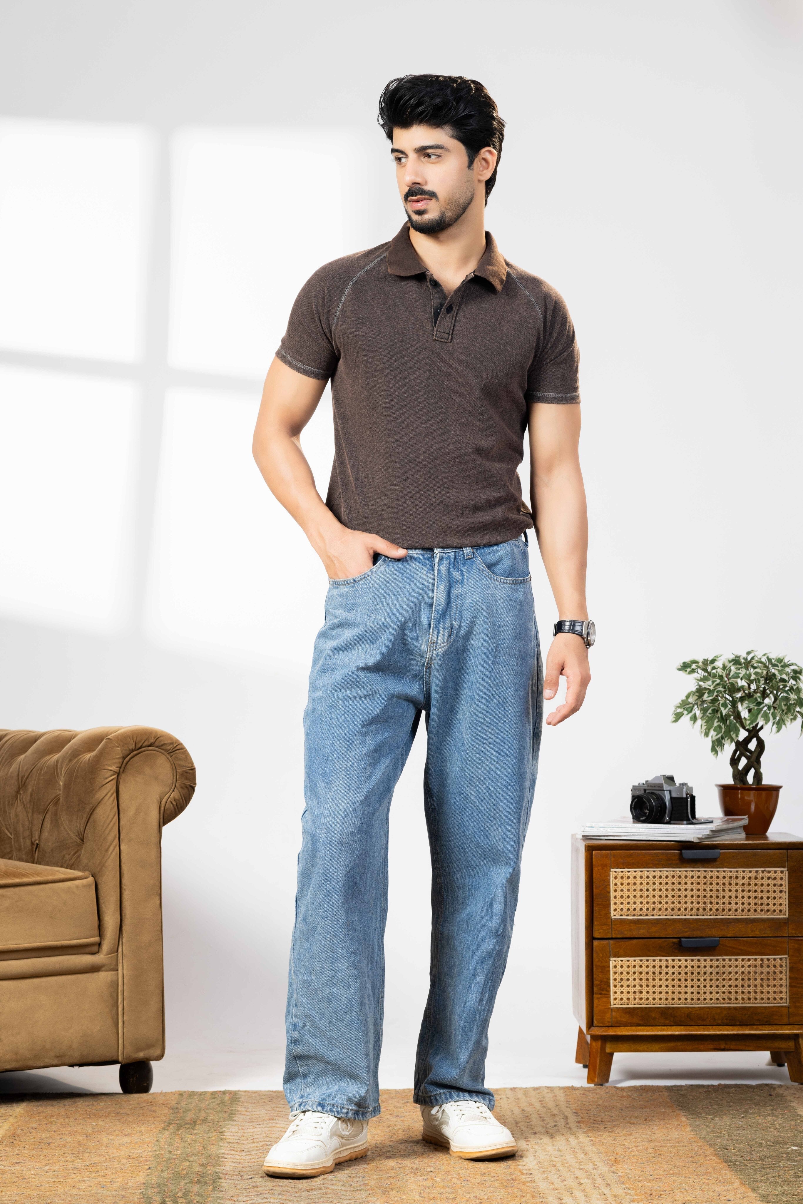 Brown Acid Washed  Collar  T-shirt