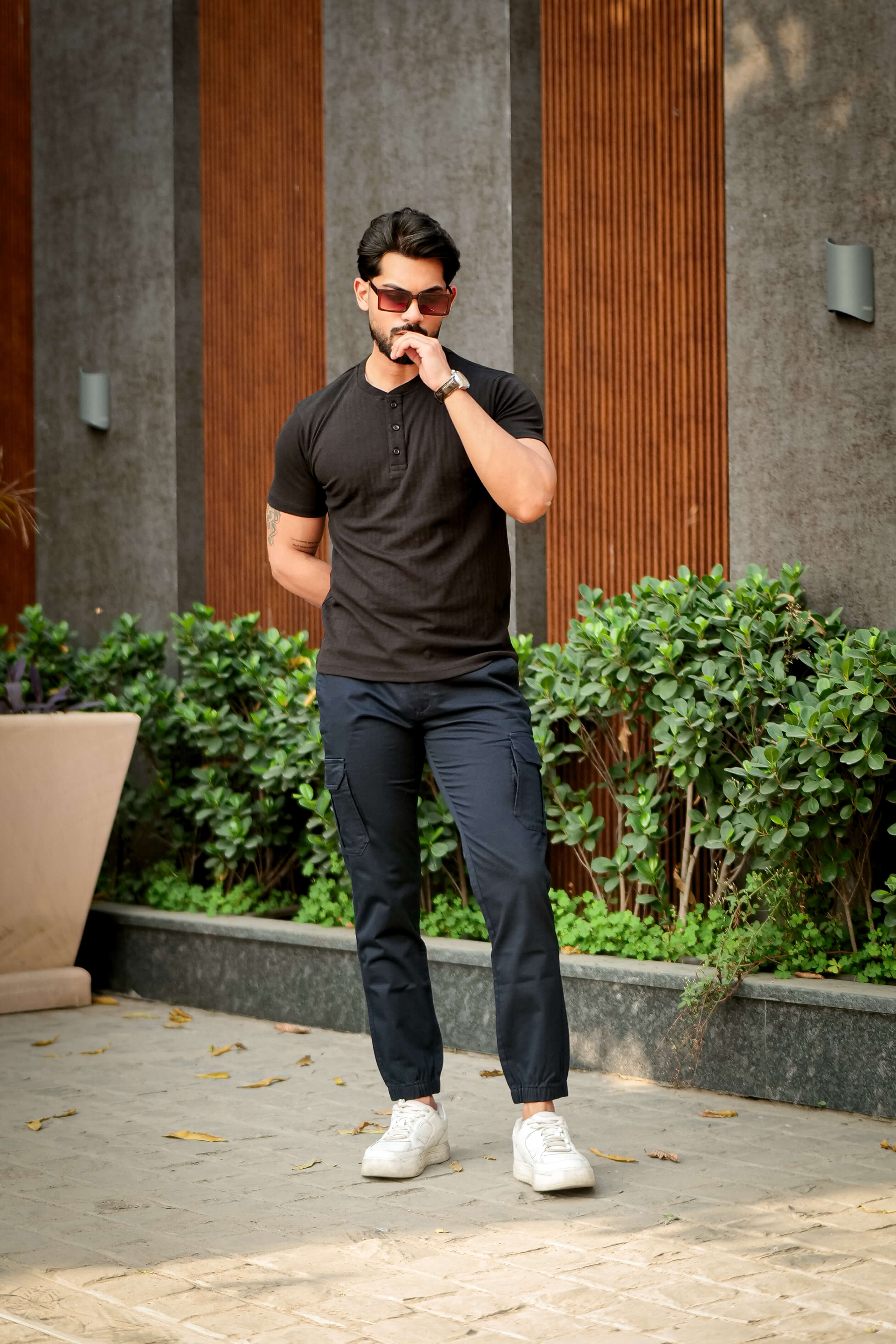 Black Cotton (Drop Needle) Self Design Henley T-Shirt