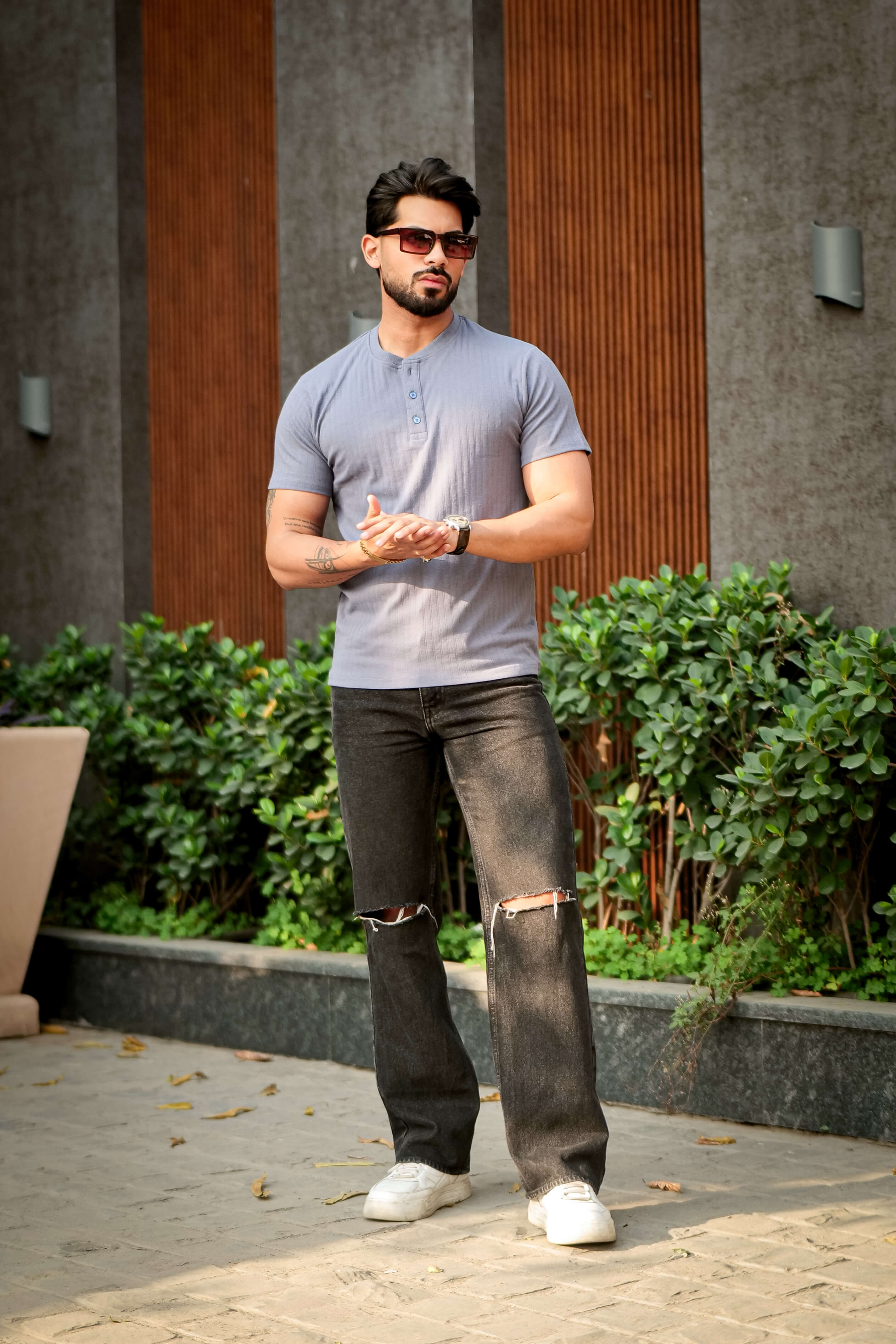 Blue Cotton (Drop Needle) Self Design Henley T-Shirt