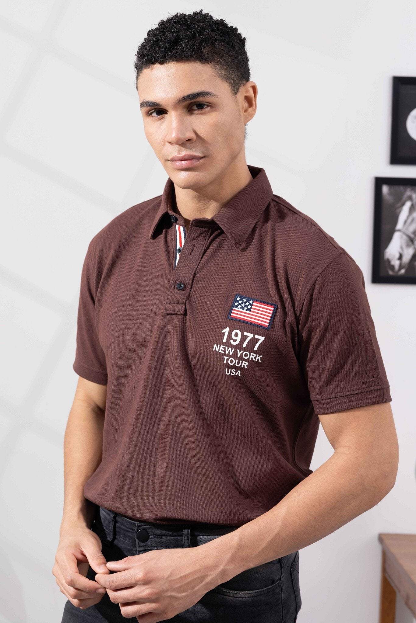 Brown Cotton Half Sleeve Printed Polo T-Shirt with Collar