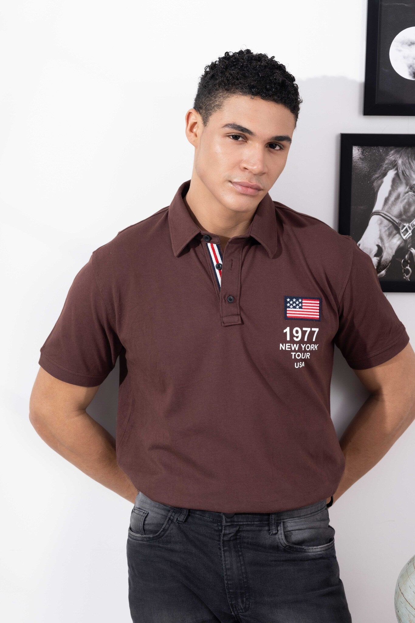 Brown Cotton Half Sleeve Printed Polo T-Shirt with Collar