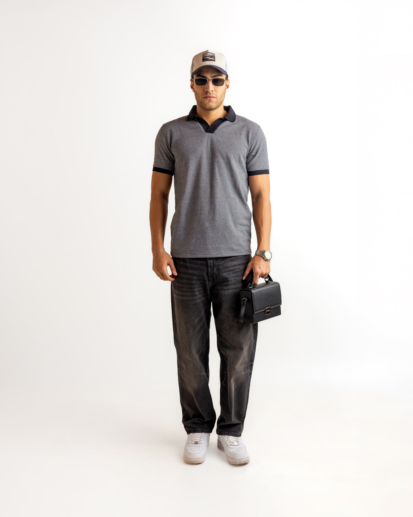 Grey Black Self Design Cotton T-Shirt