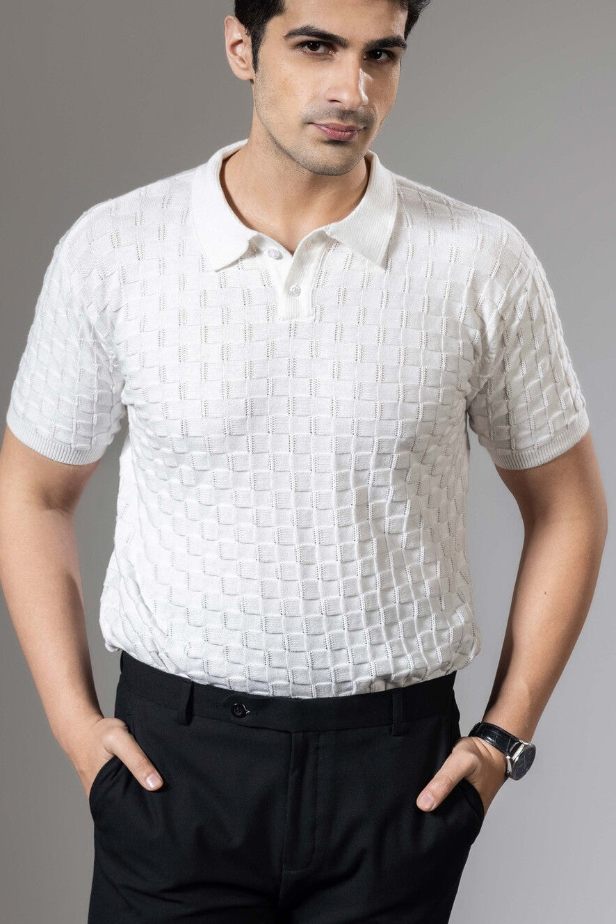 White Embedded Flat Knit Premium Polo T-Shirt