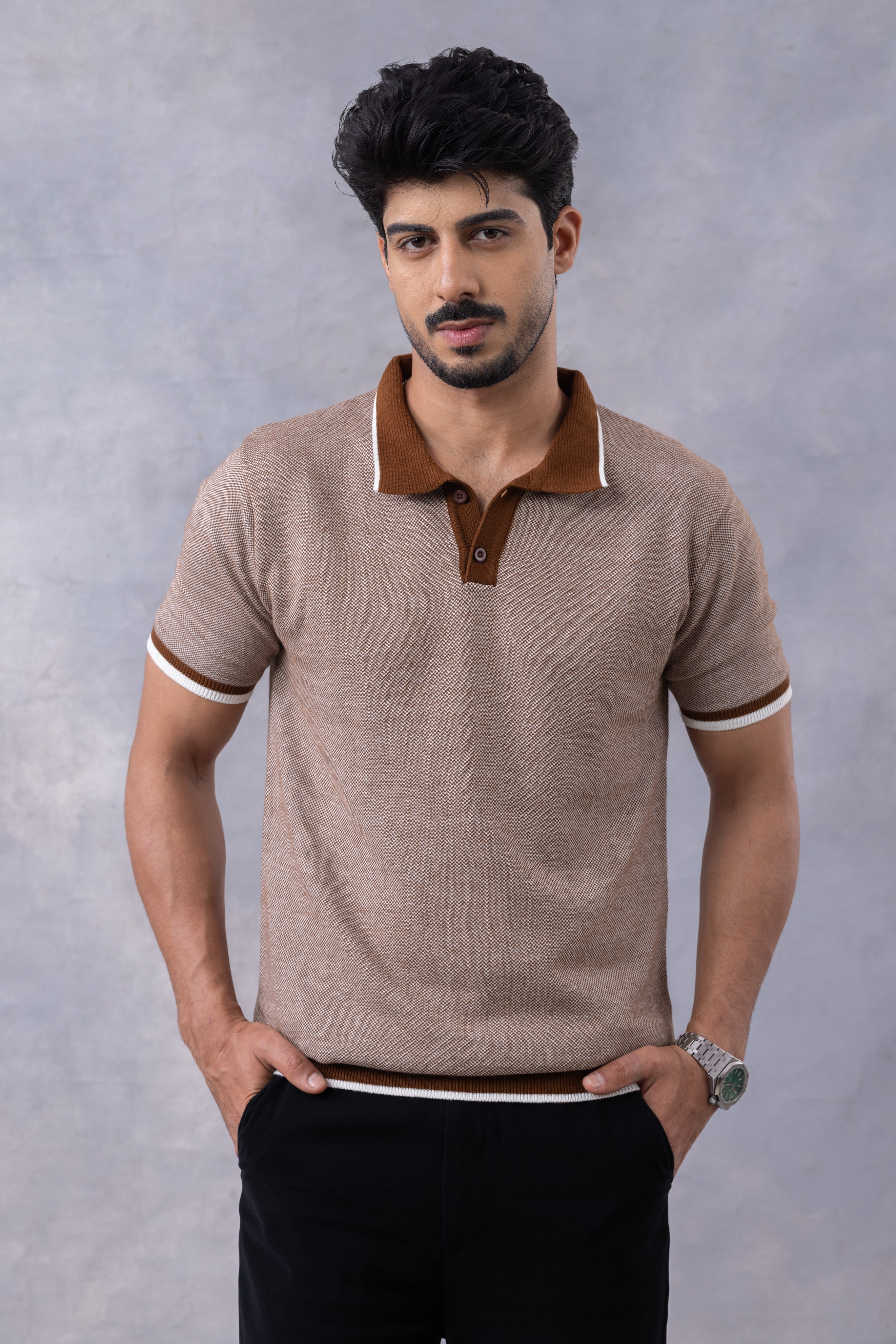 Brown Premium Flat Knit Polo T-Shirt