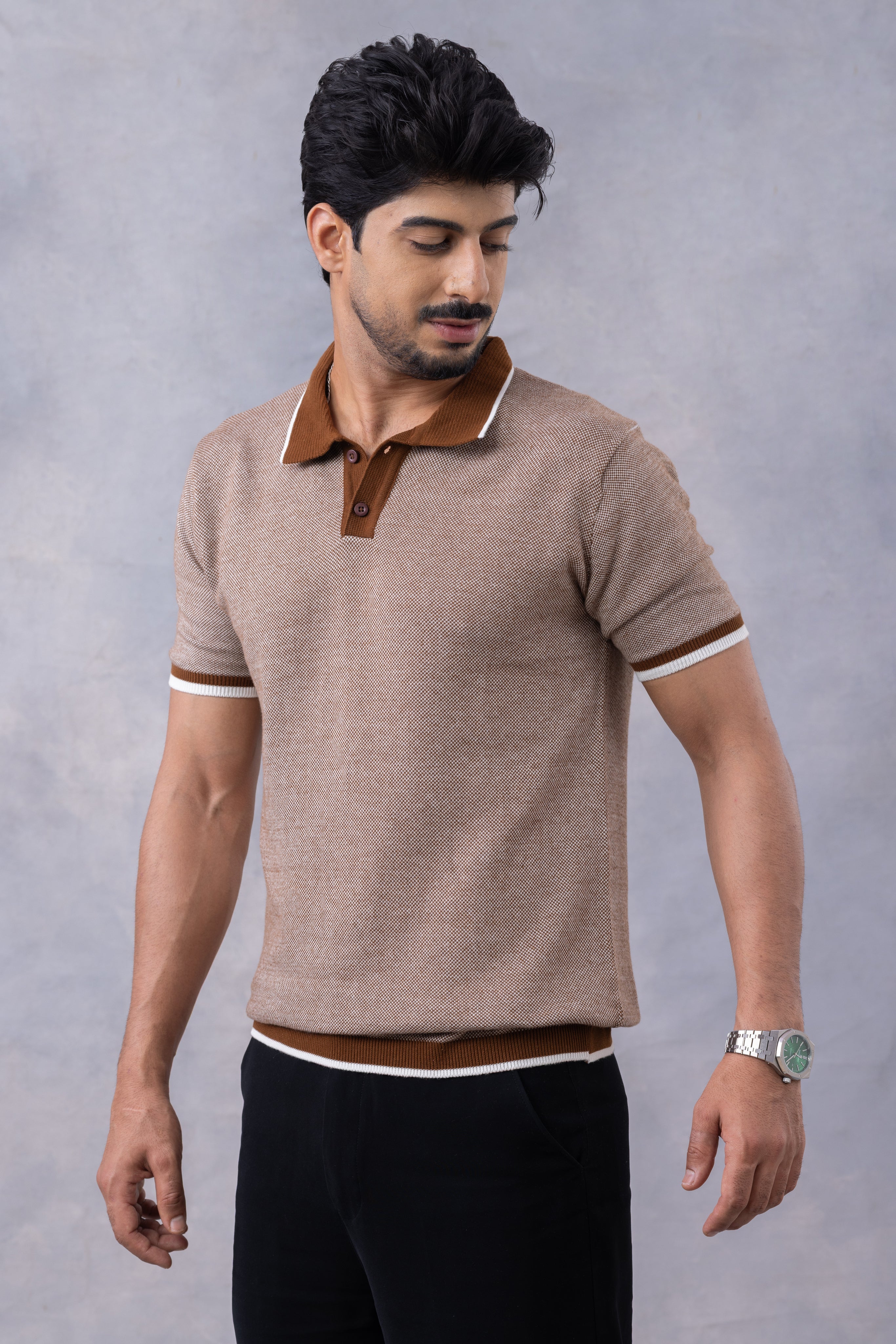 Brown Premium Flat Knit Polo T-Shirt