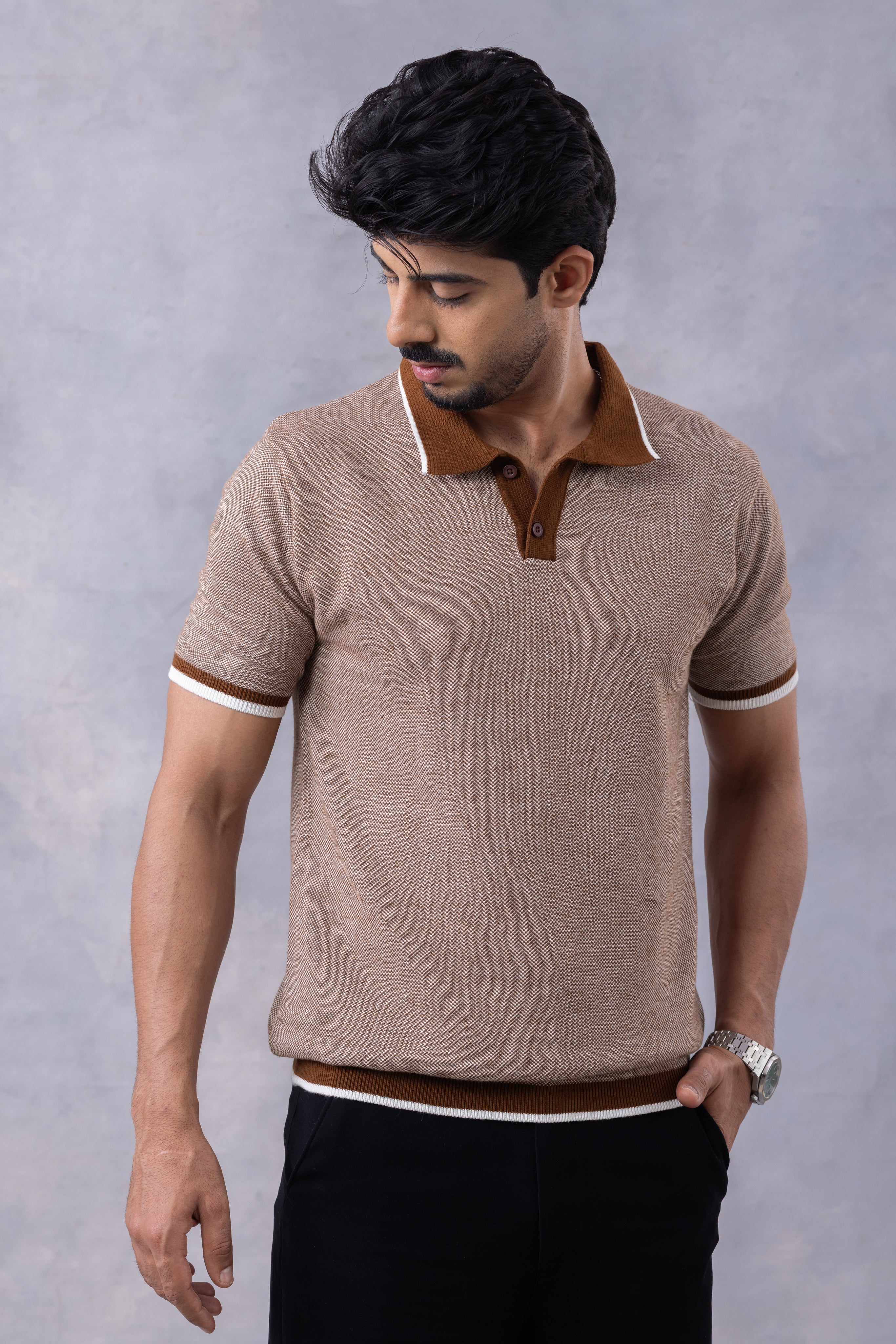 Brown Premium Flat Knit Polo T-Shirt