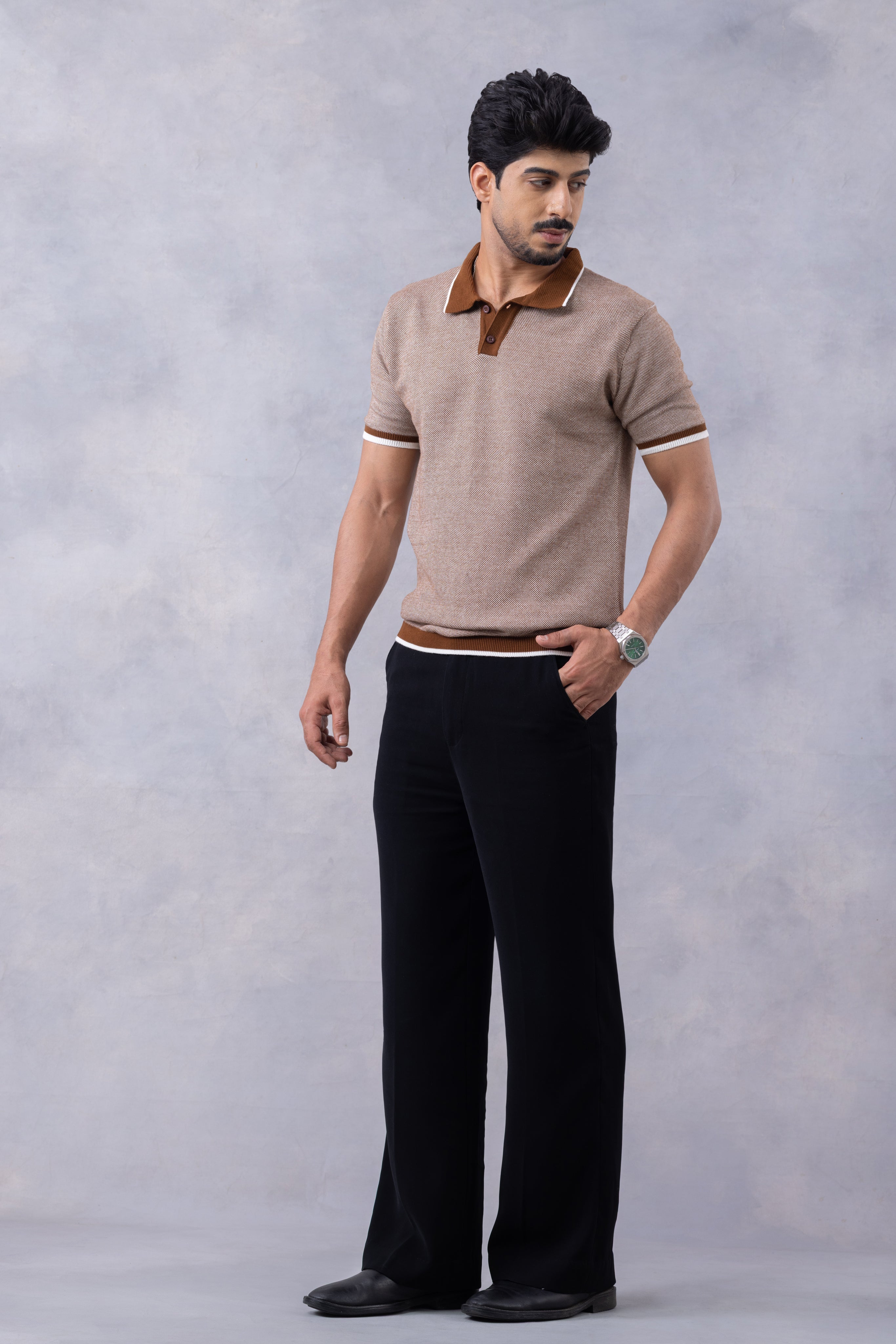 Brown Premium Flat Knit Polo T-Shirt
