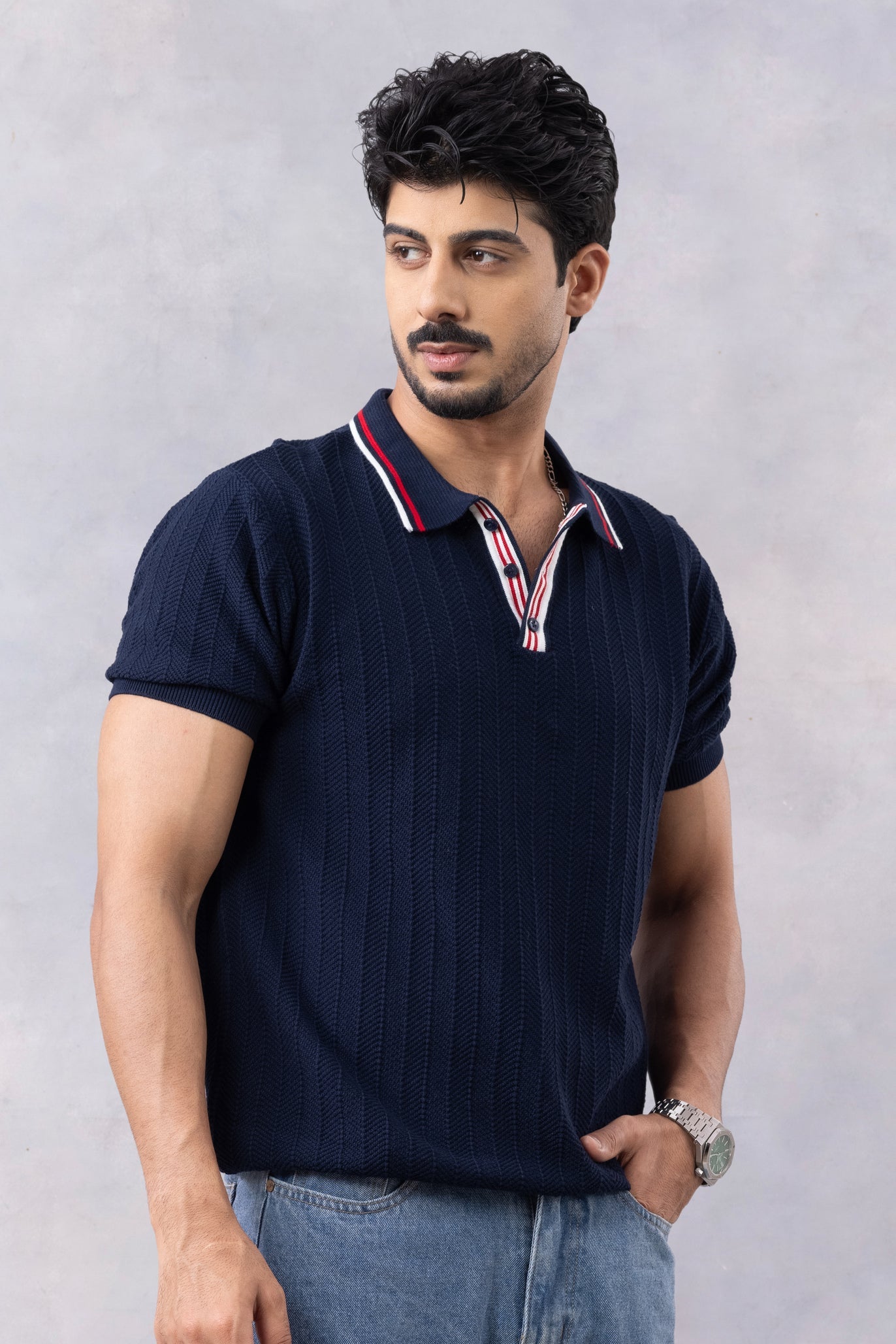 Navy Blue Premium Flat Knit Polo T-Shirt