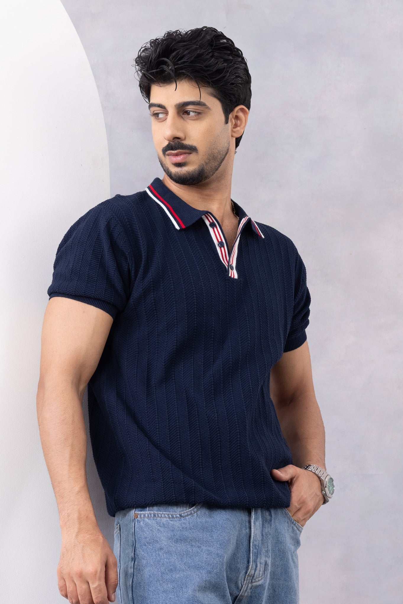 Navy Blue Premium Flat Knit Polo T-Shirt