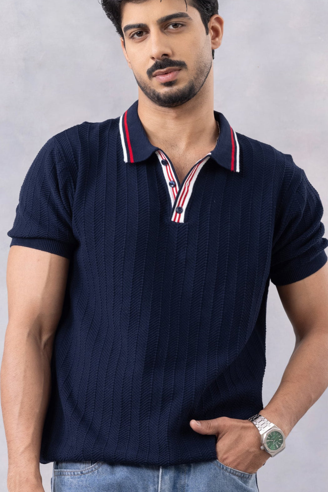 Navy Blue Premium Flat Knit Polo T-Shirt
