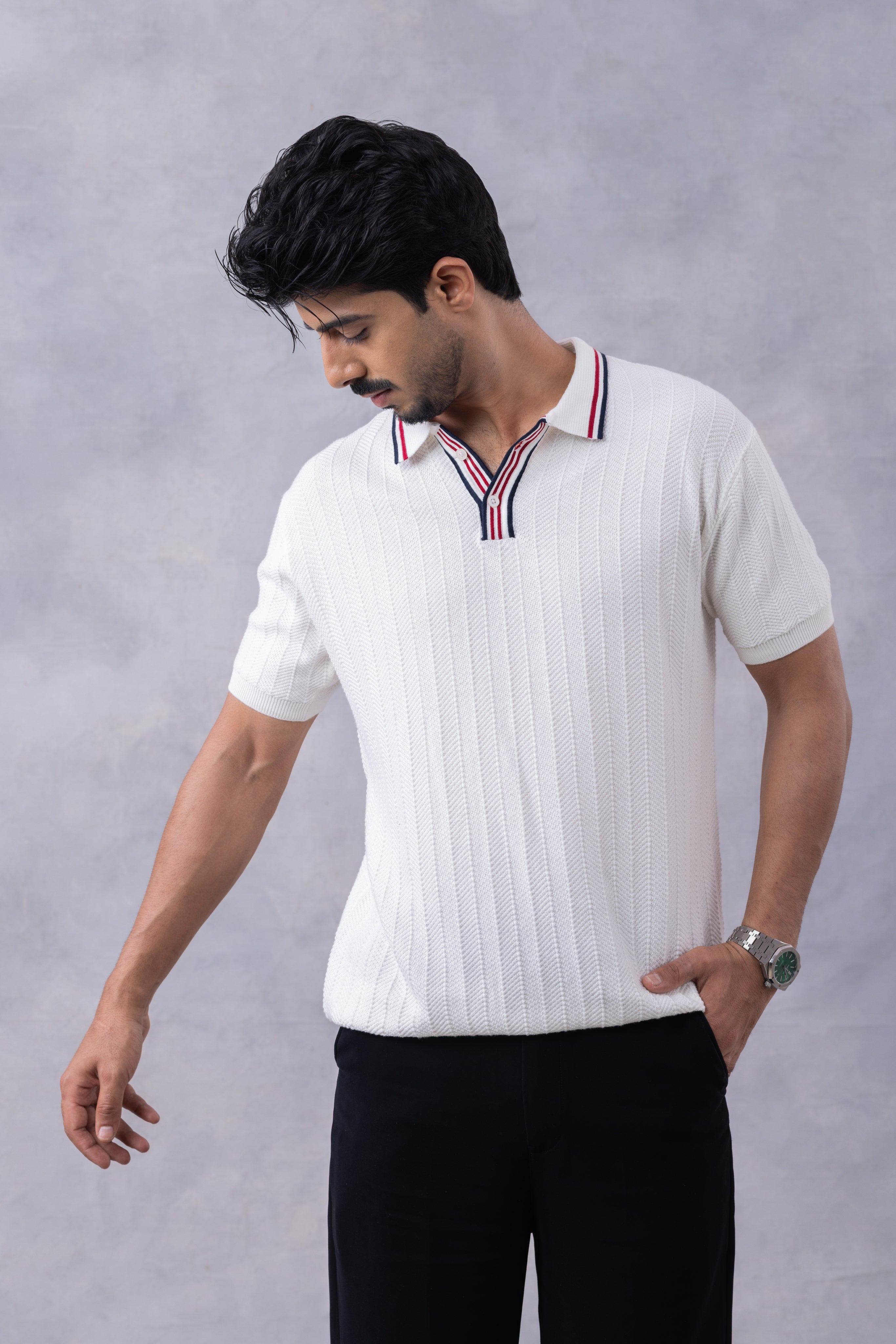 White Premium Flat Knit Polo T-Shirt