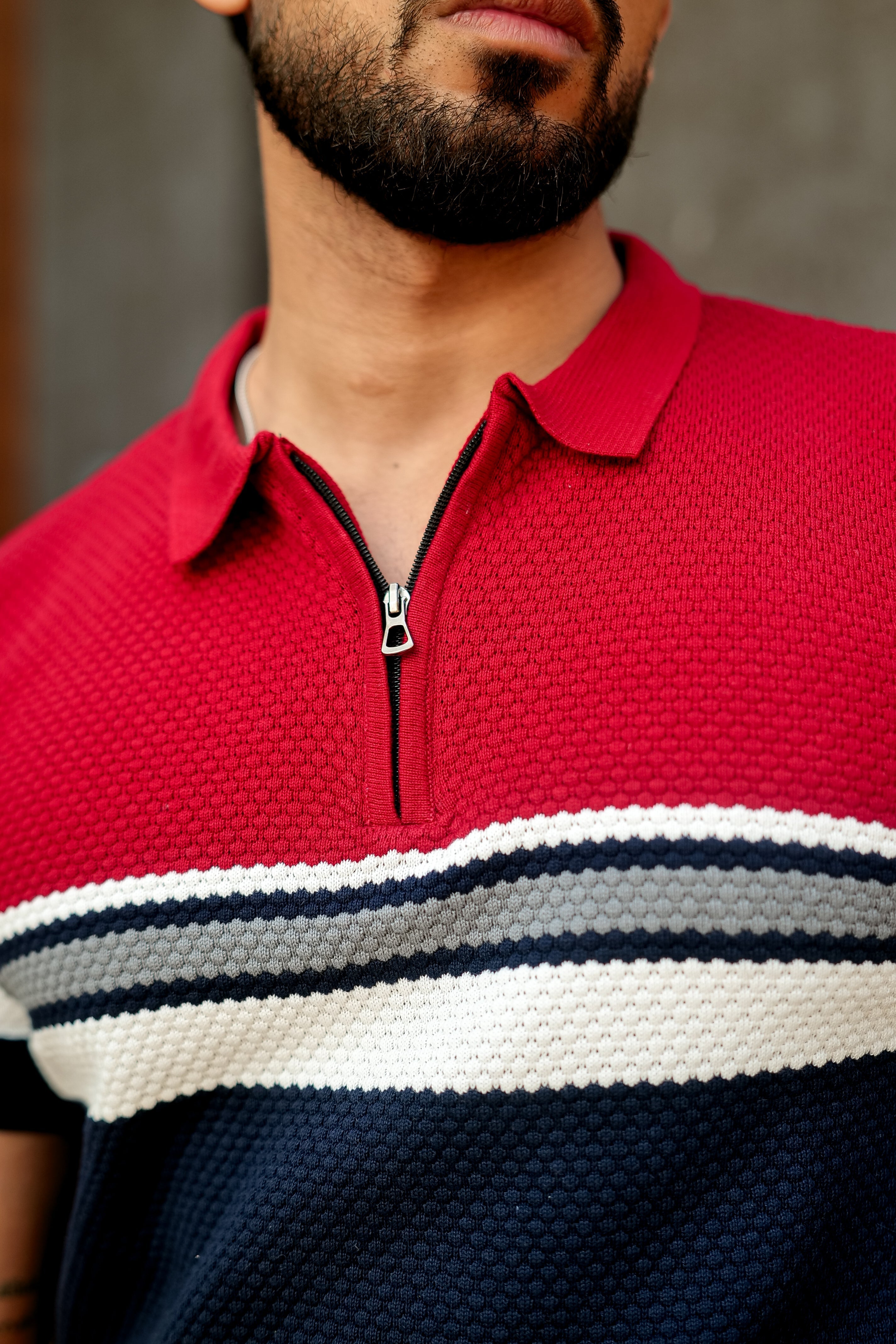 Red Navy Premium Flat knit Colorblocked Zipper Polo T-shirt