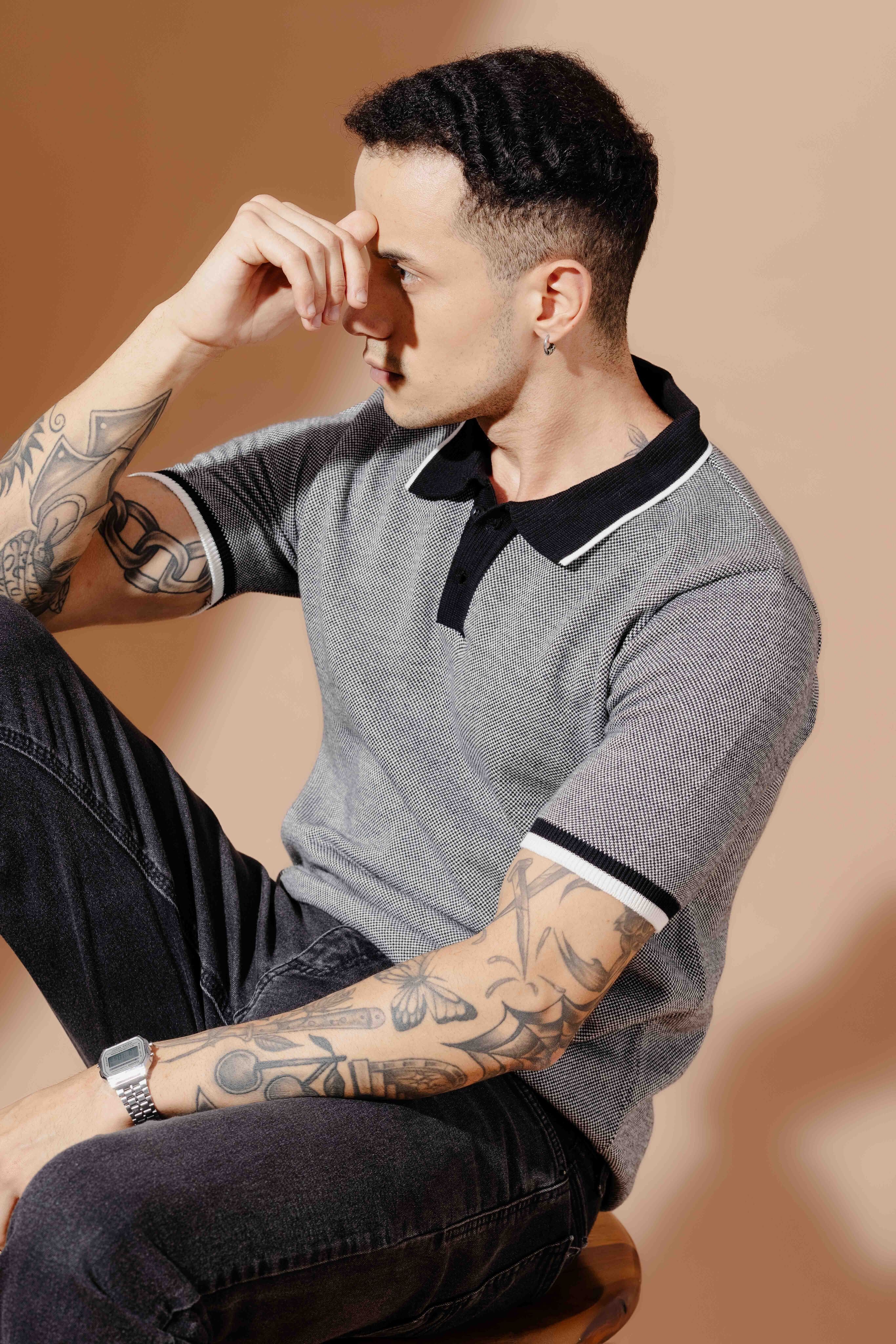 Black Premium Flat Knit Polo T-Shirt