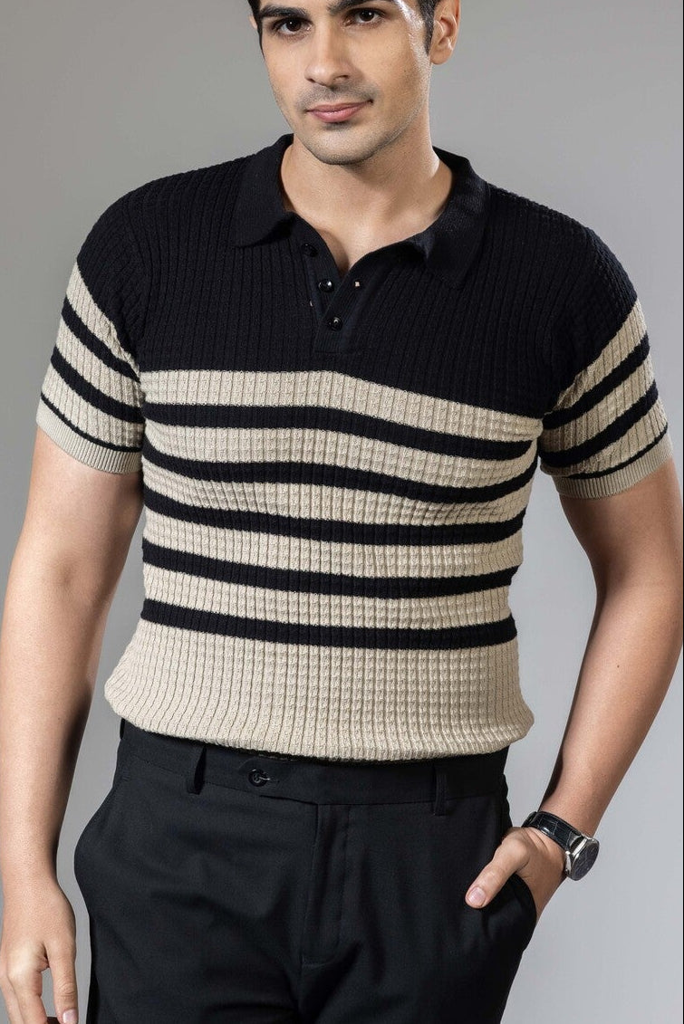 Striper Textured Premium Flat Knit Polo T-Shirt