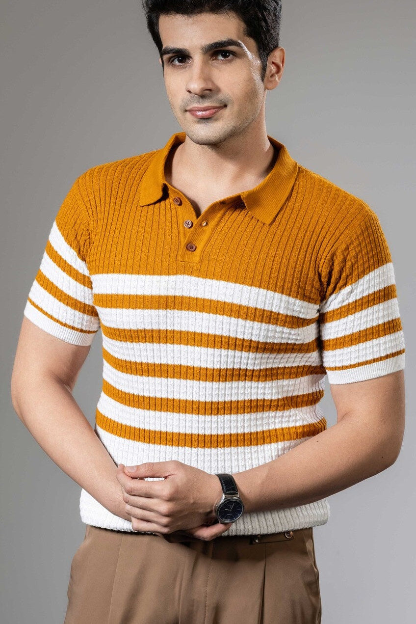 Textured Striper Premium Flat Knit Polo T-Shirt