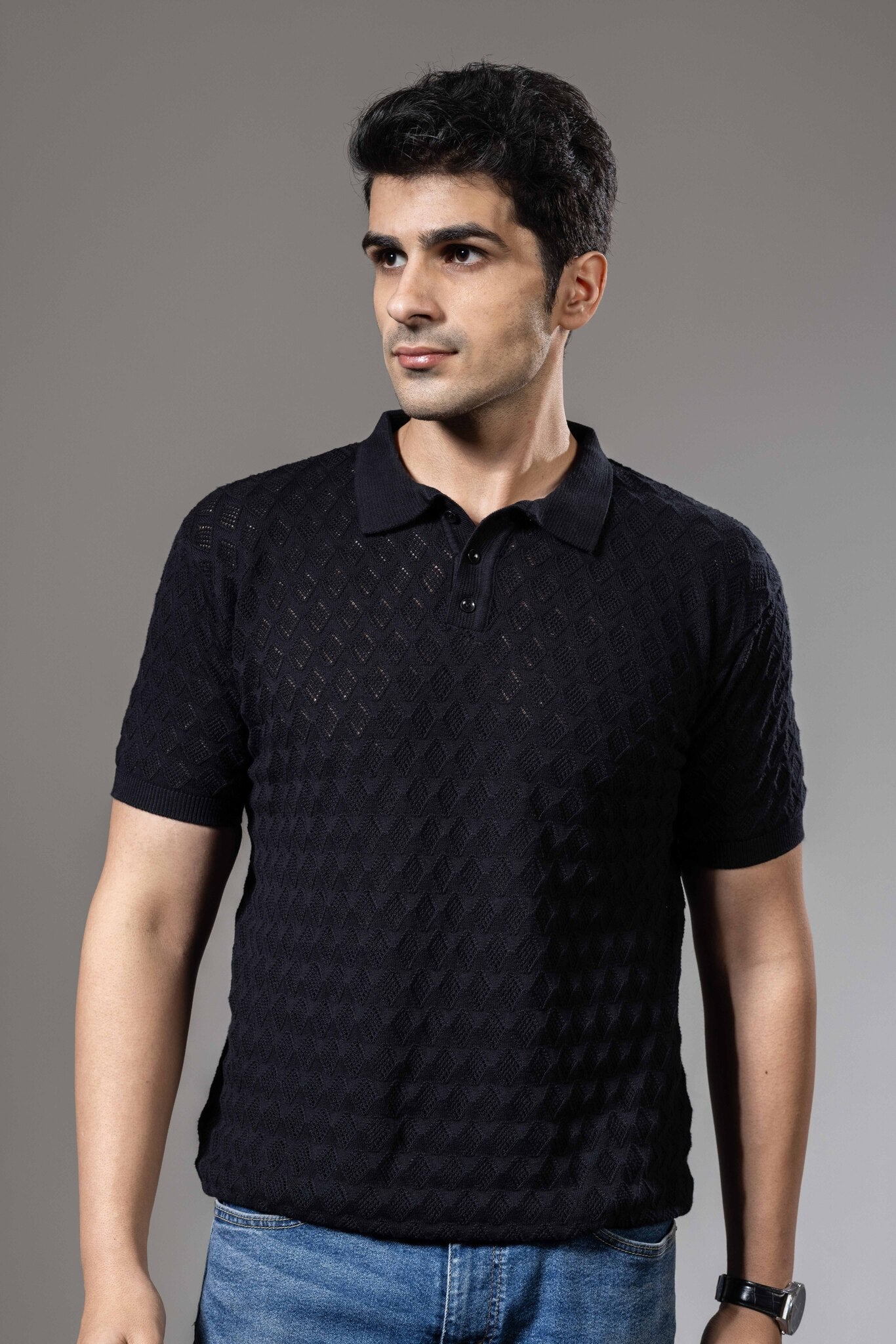 Premium Flat Knit Black Polo T-Shirt