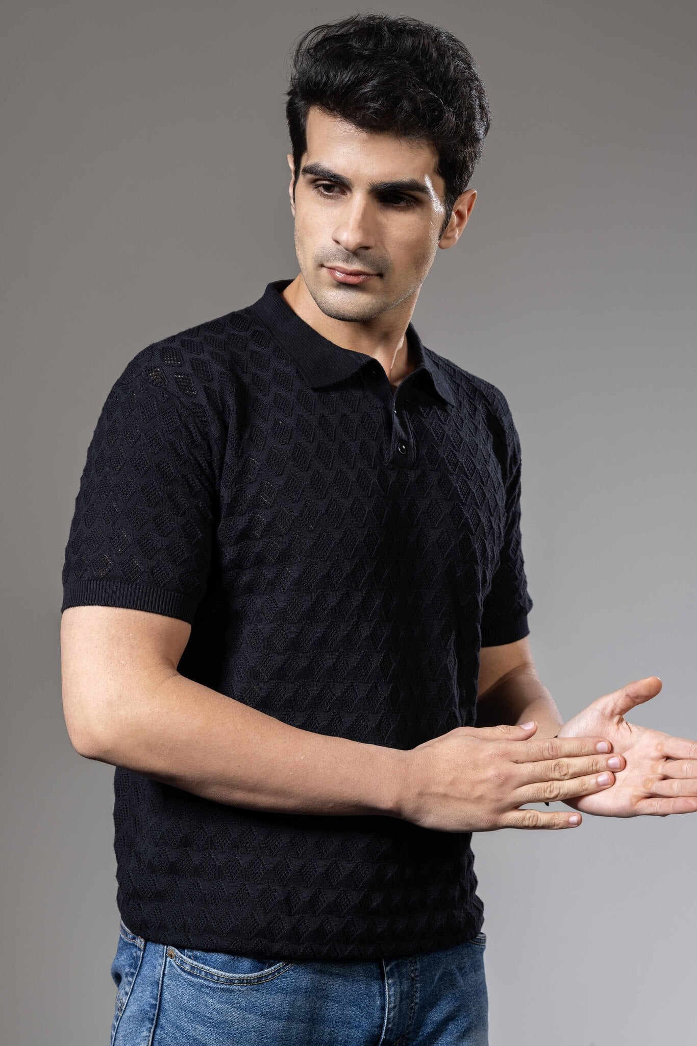 Premium Flat Knit Black Polo T-Shirt