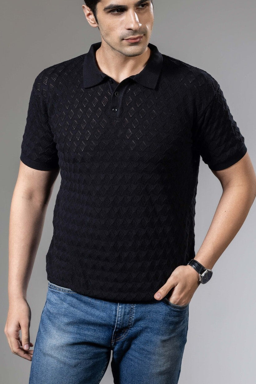 Premium Flat Knit Black Polo T-Shirt