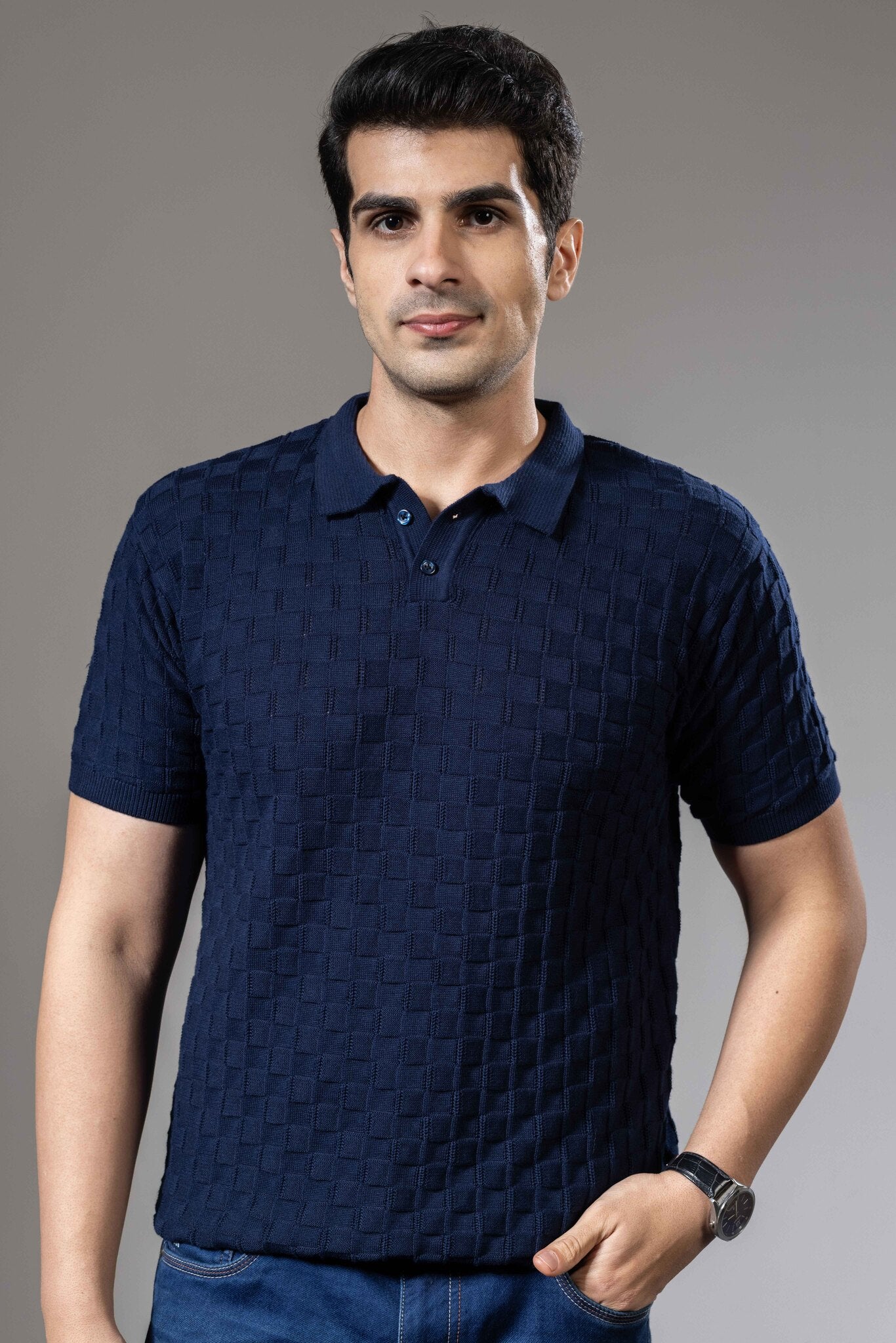 Embedded Textured Premium Flat Knit Polo T-Shirt