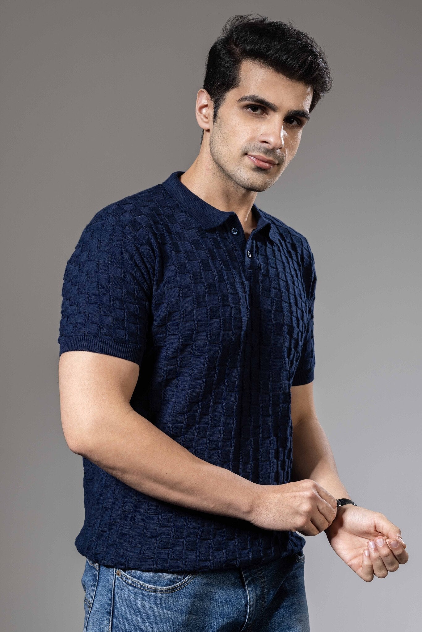 Embedded Textured Premium Flat Knit Polo T-Shirt