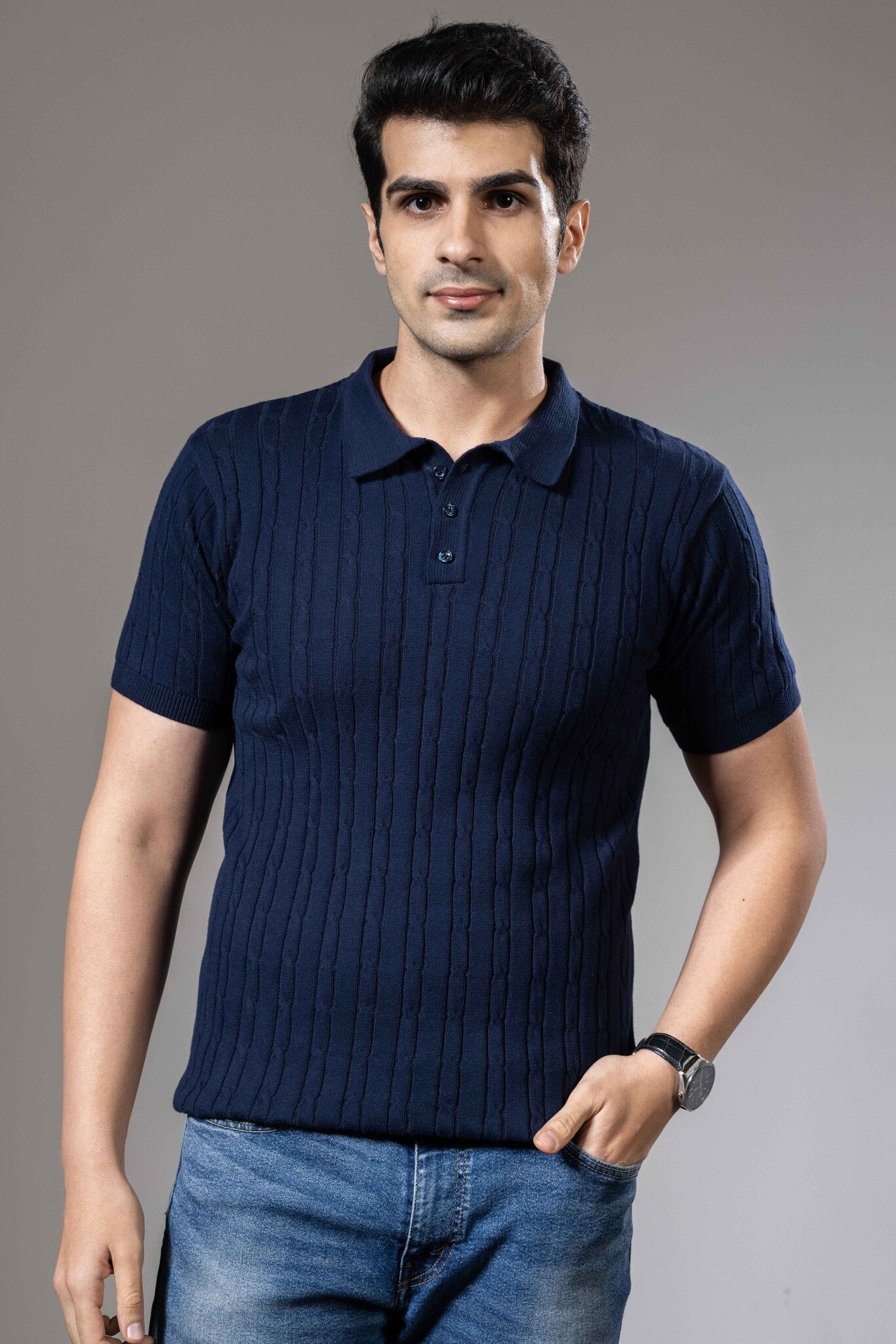 Dark Blue Self Design Premium Flat Knit Polo T-Shirt