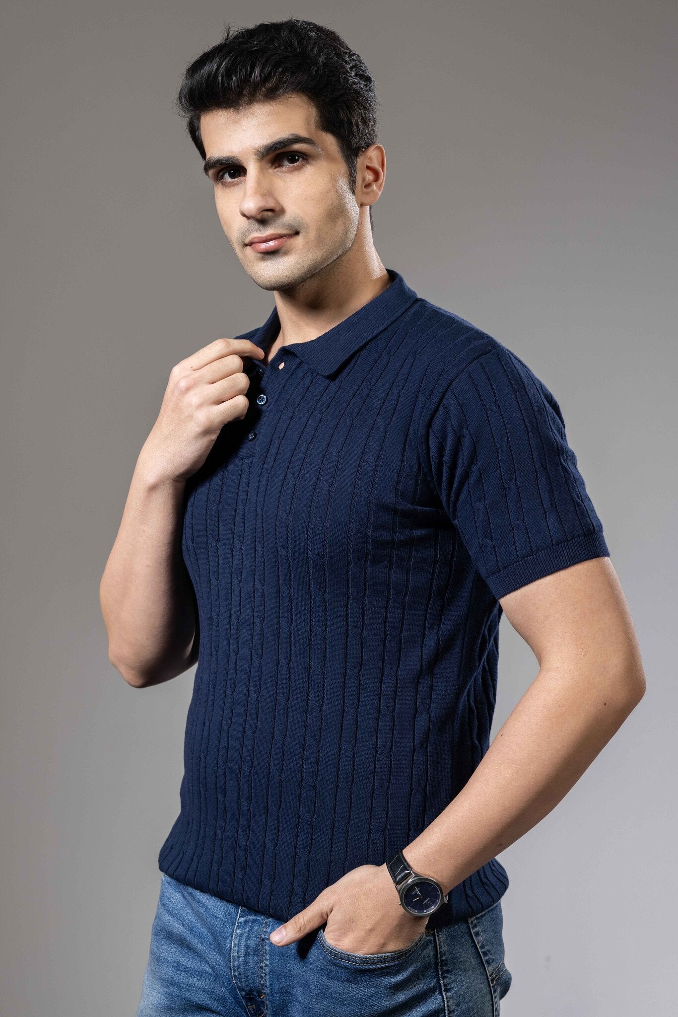 Dark Blue Self Design Premium Flat Knit Polo T-Shirt
