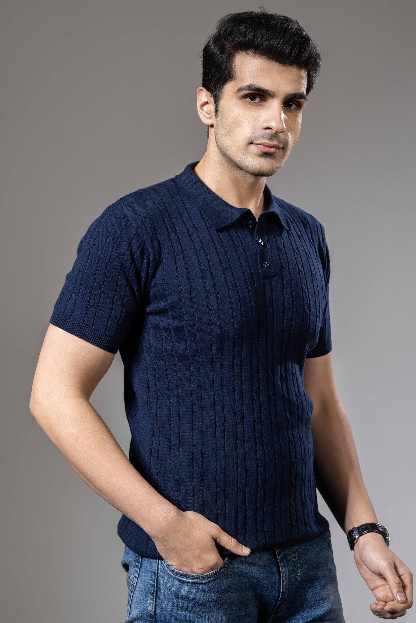 Dark Blue Self Design Premium Flat Knit Polo T-Shirt