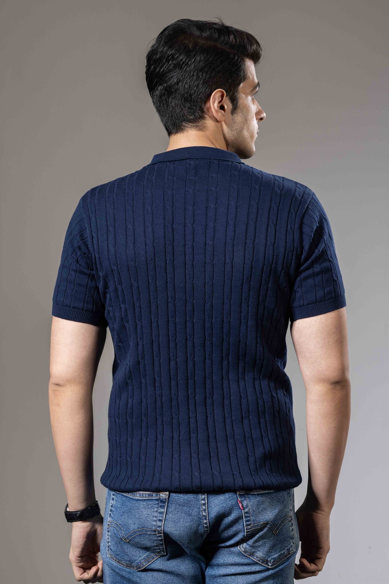 Dark Blue Self Design Premium Flat Knit Polo T-Shirt