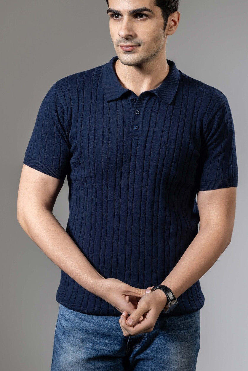 Dark Blue Self Design Premium Flat Knit Polo T-Shirt