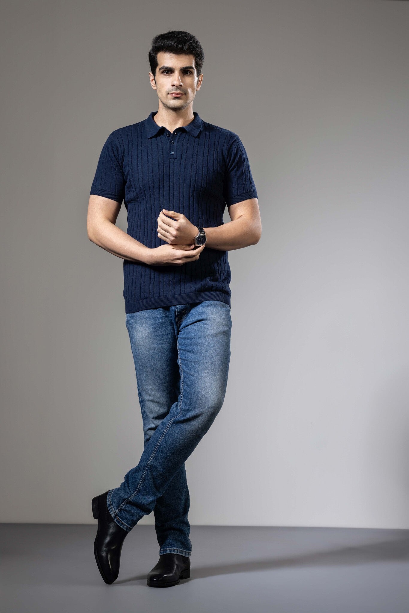 Dark Blue Self Design Premium Flat Knit Polo T-Shirt