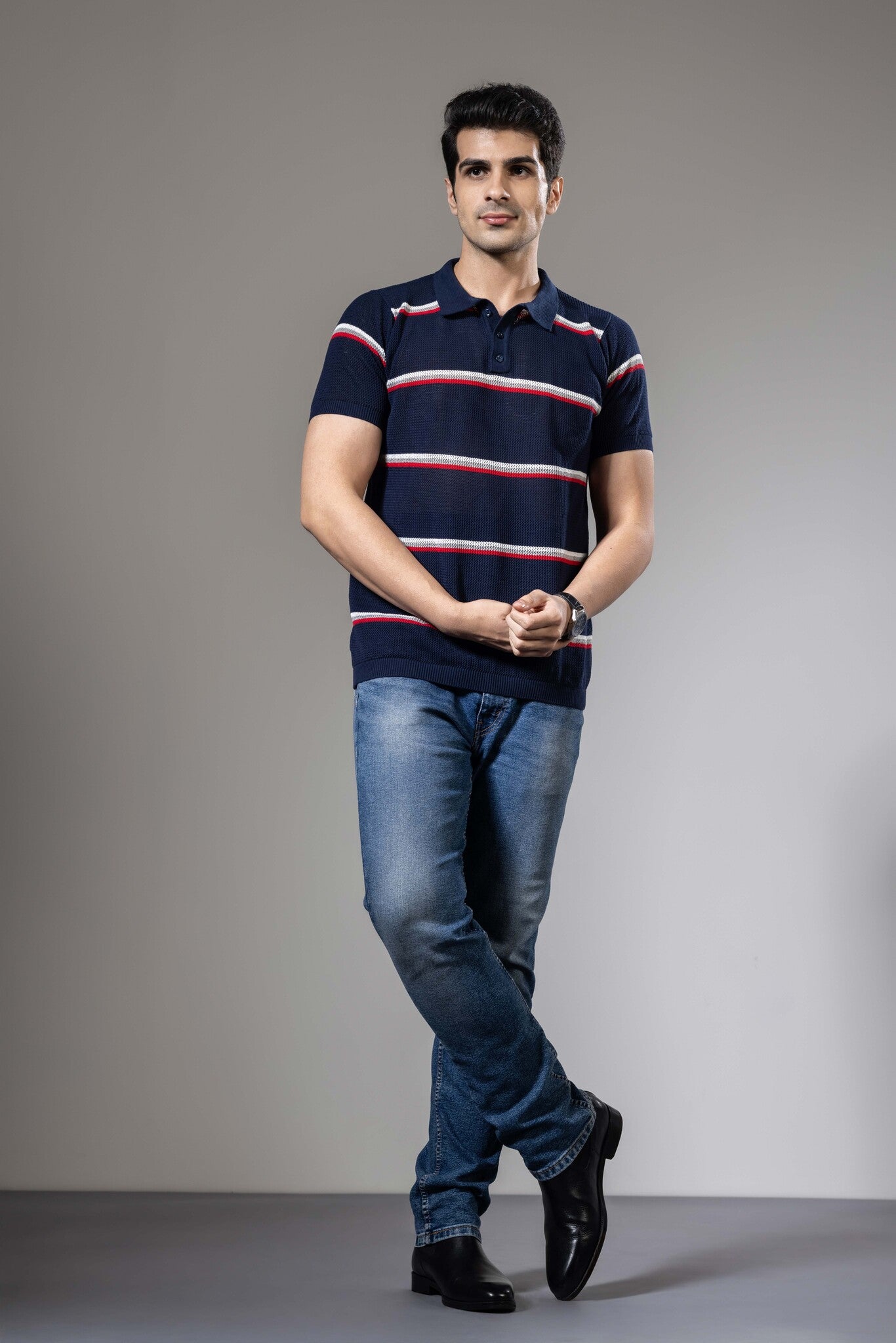 Navy Red Striped Premium Flat Knit Polo T-Shirt